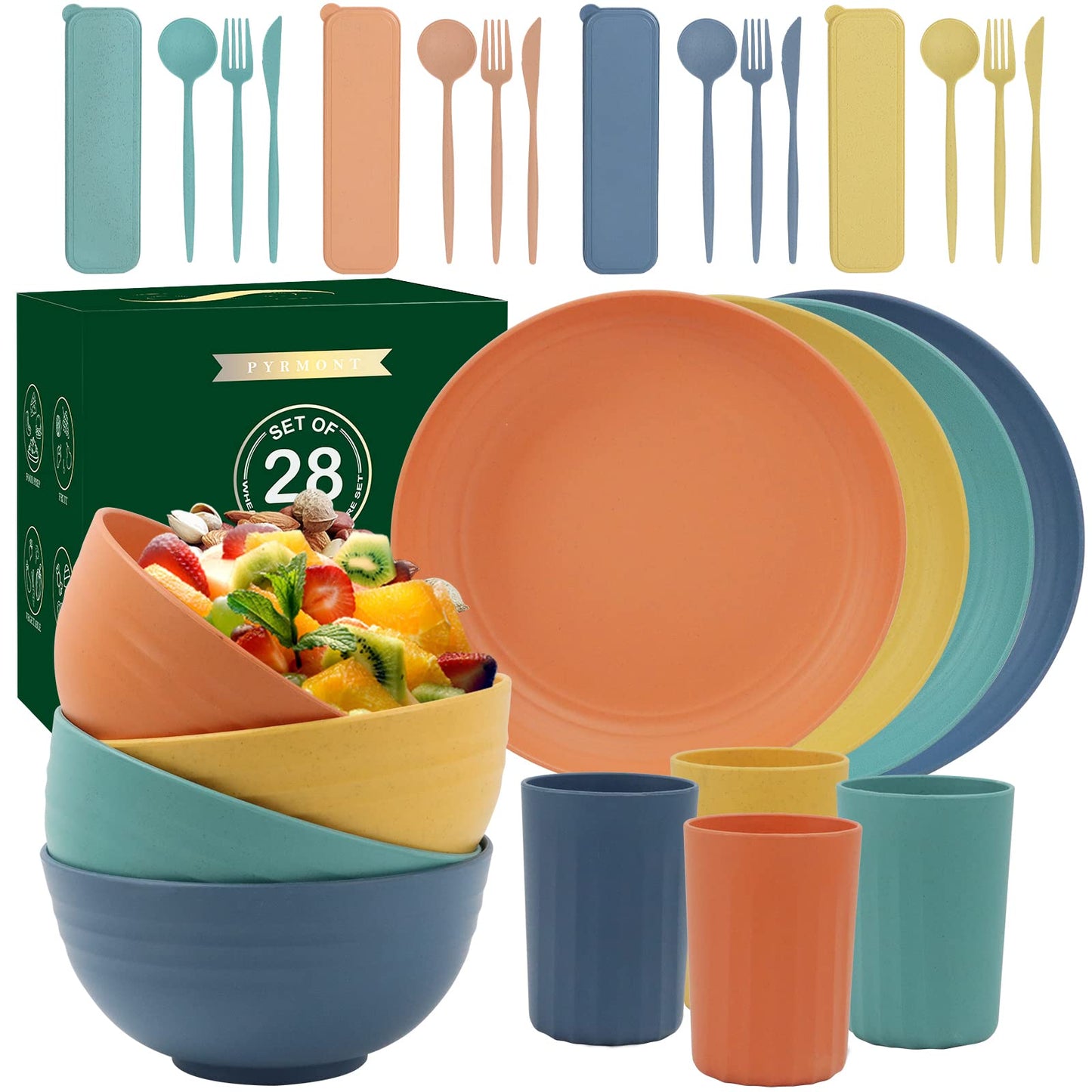 28 Piece Wheat Straw Dinnerware Sets,Dishwasher & Microwave Safe Plates and Bowls Sets - Unbreakable Plastic Dinnerware Sets for 4 Dinner Plates, Cups, Cereal Bowls - Colorful Series