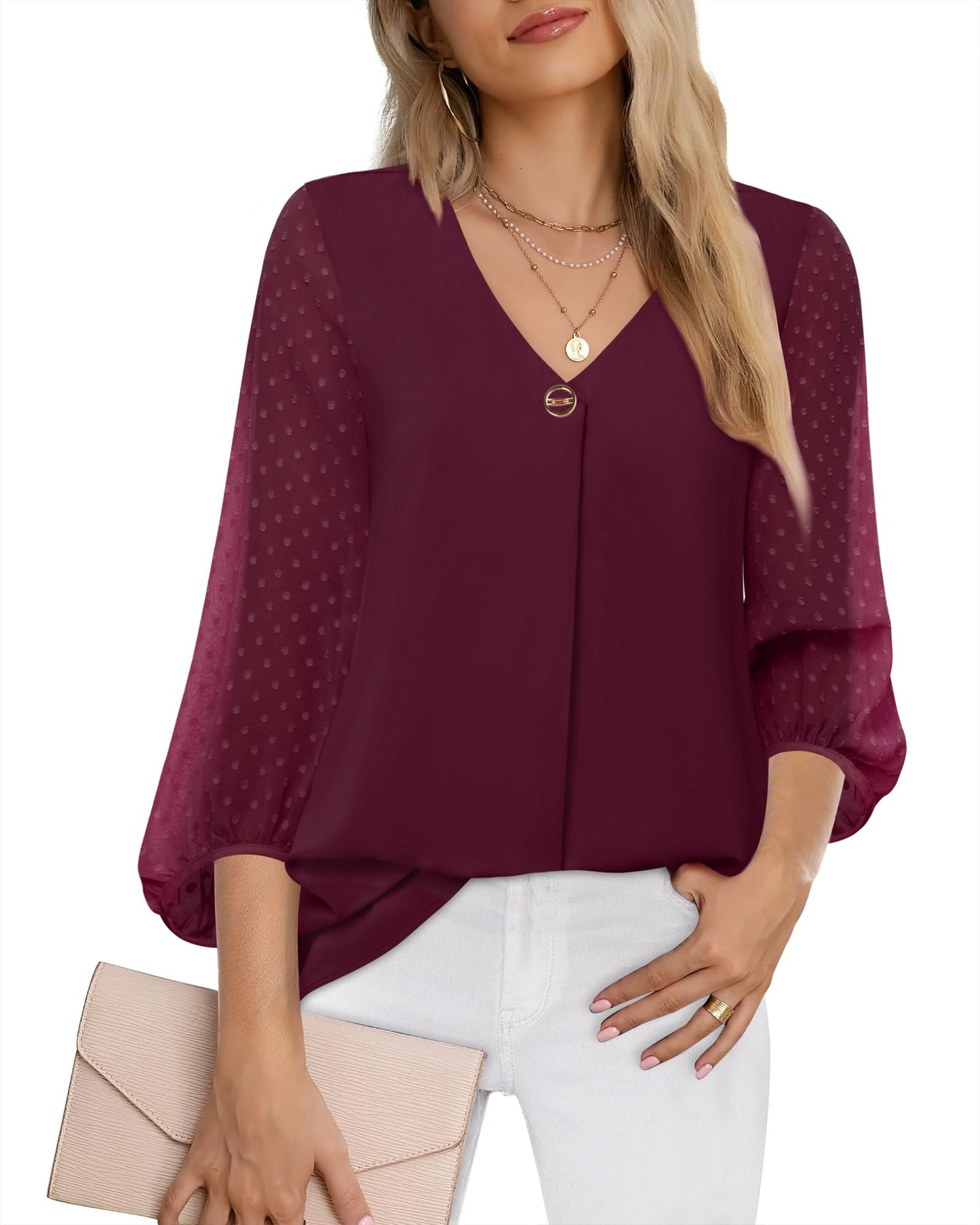 Bebonnie Damen Chiffonbluse mit Laternenmuster, 3/4-Ärmel, lässig, locker, V-Ausschnitt