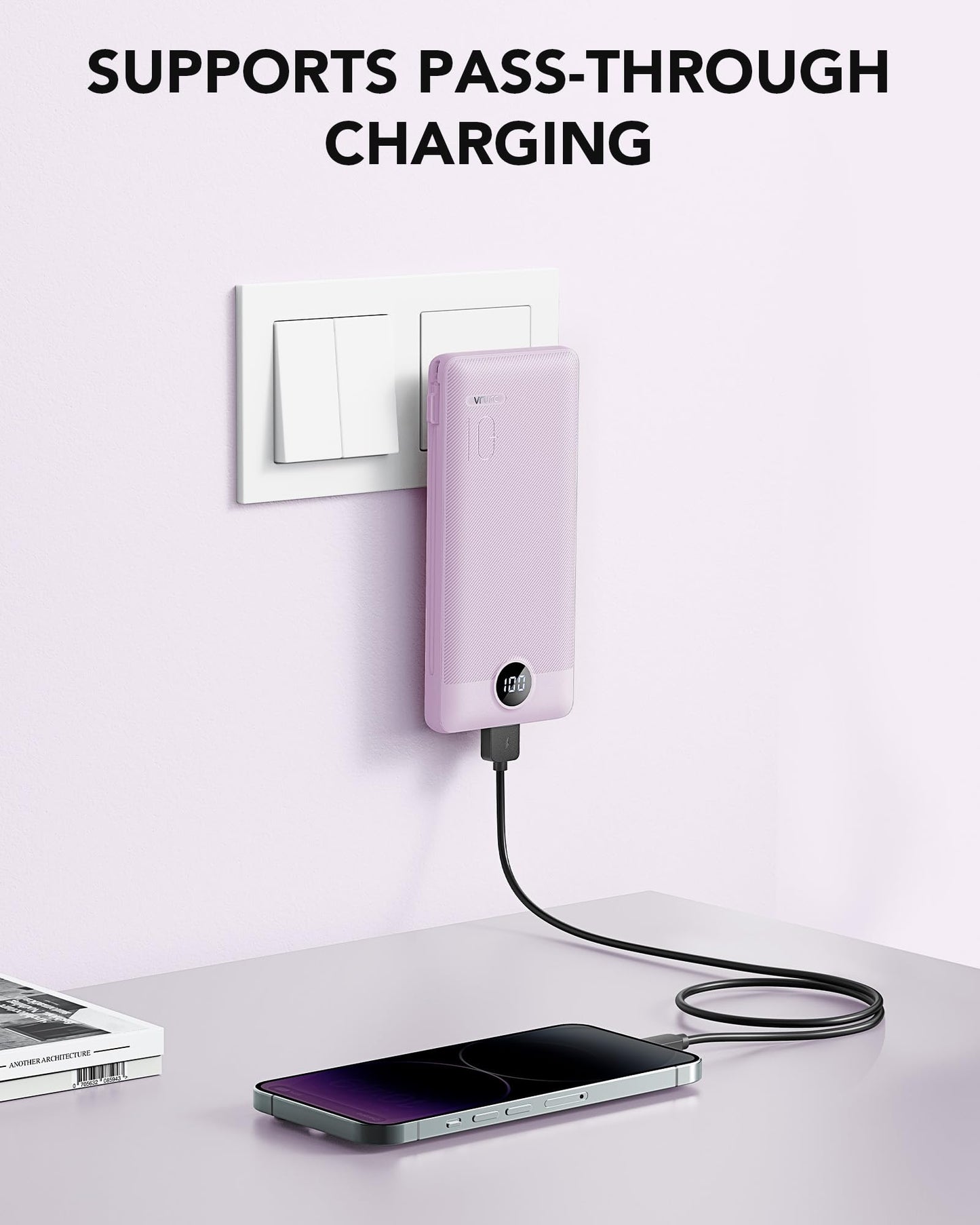 VRURC Portable Charger Built-in Cables and AC Wall Plug, USB C Power Bank 10000mAh, Travel Battery Phone Charger Compact Lightweight External Battery Pack for Smart Phones, Tablets etc-Orange