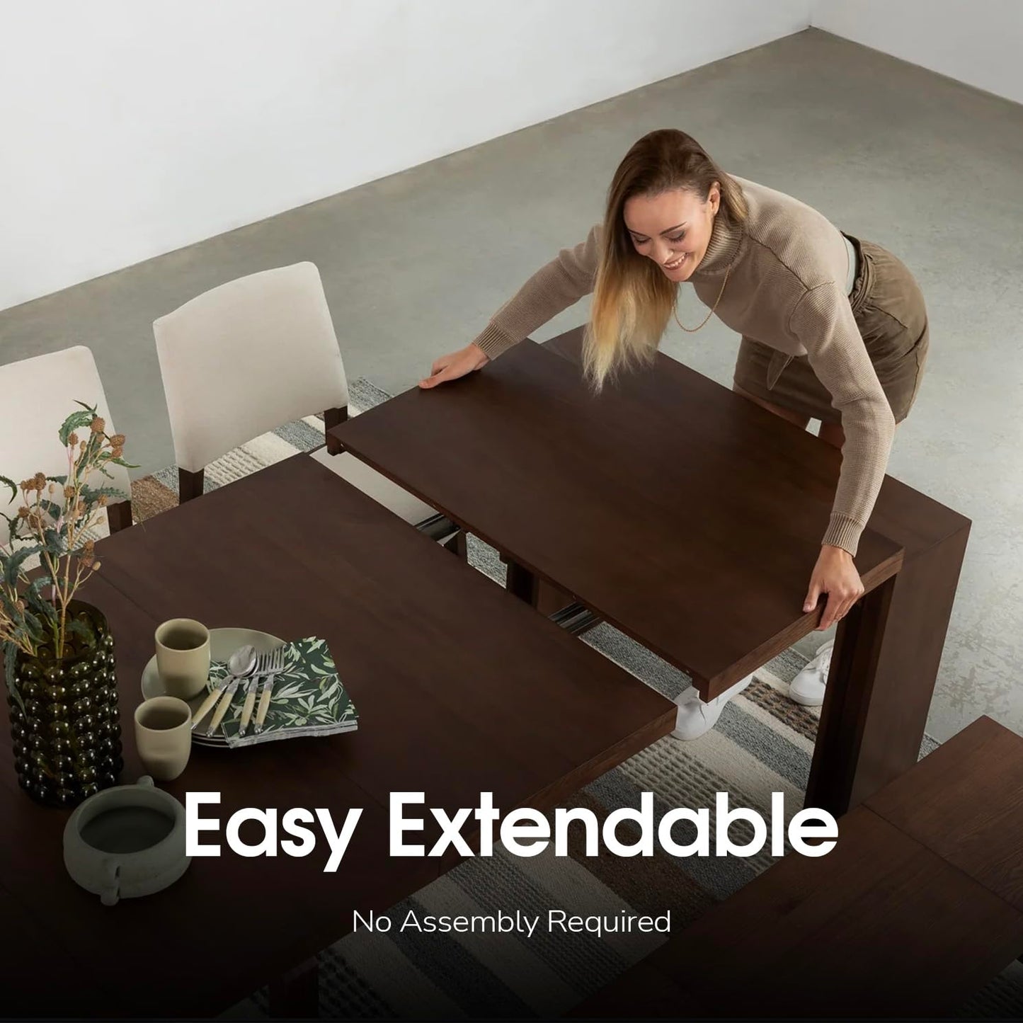 Transformer Table Esstisch-Set für 4 bis 12, ausziehbarer Esstisch aus Holz mit ausziehbarer Bank, Möbel für kleine Räume, Küchentisch-Set (Dunkelgrau, Tisch + Bank)