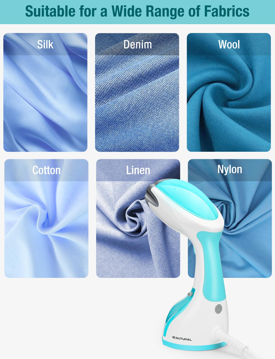 BEAUTURAL Steamer for Clothes, Portable Handheld Garment Fabric Wrinkles Remover, 30-Second Fast Heat-up, Auto-Off, Large Detachable Water Tank
