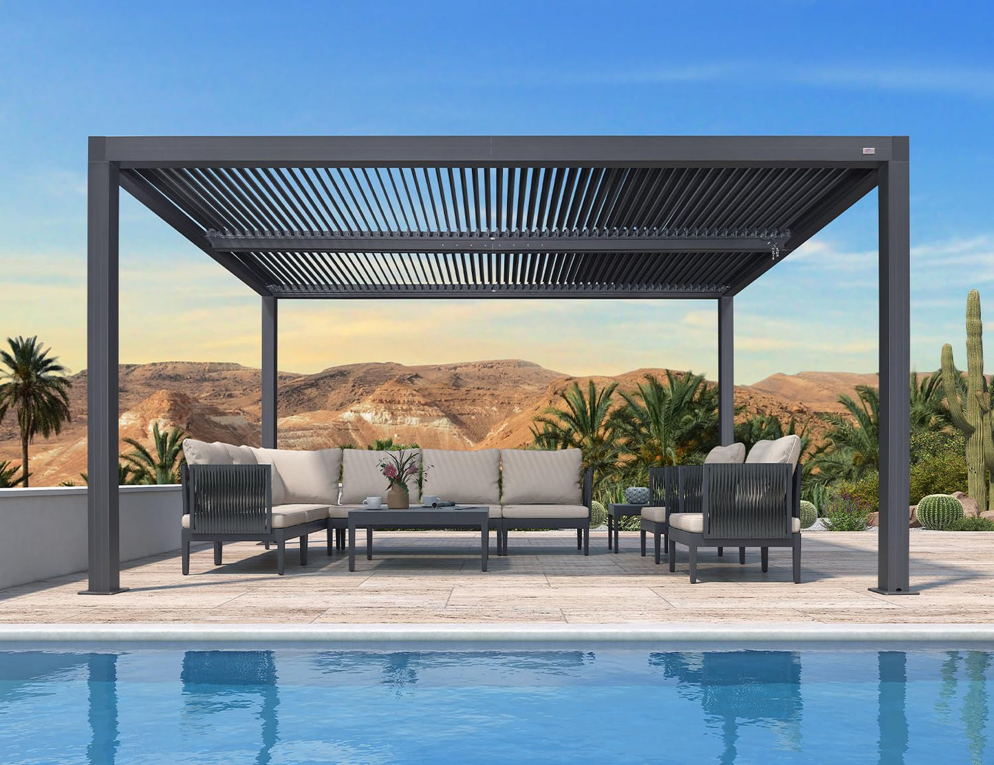 PURPLE LEAF Lamellenpergola 94AS, 3,3 x 4,3 m, Aluminium-Pergola für den Außenbereich mit Sonnenschutz, verstellbarem Dach für Terrasse, Hinterhof, grauer Pavillon mit festem Dach, 1 lange Seite und 2 kurze Seiten
