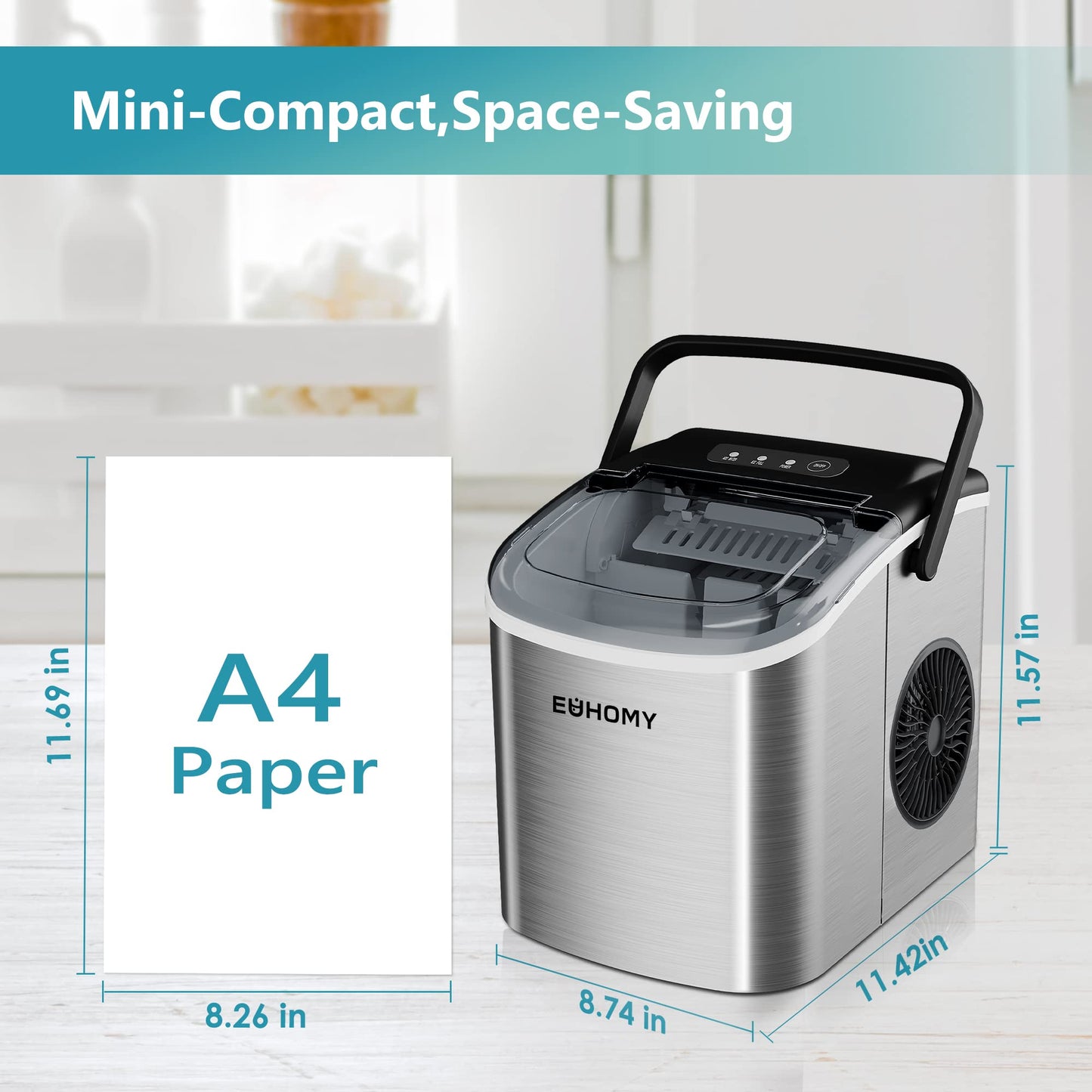 EUHOMY Countertop Ice Maker Machine with Handle, 26lbs in 24Hrs, 9 Ice Cubes Ready in 6 Mins, Auto-Cleaning Portable Ice Maker with Basket and Scoop, for Home/Kitchen/Camping/RV. (Black)