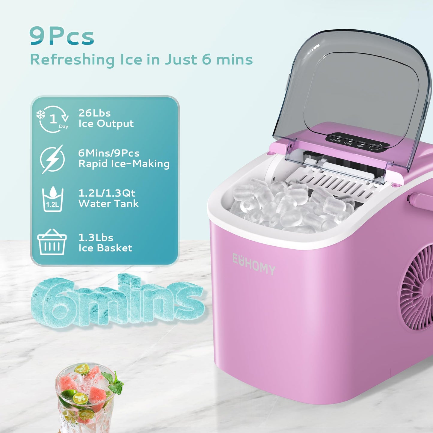 EUHOMY Countertop Ice Maker Machine with Handle, 26lbs in 24Hrs, 9 Ice Cubes Ready in 6 Mins, Auto-Cleaning Portable Ice Maker with Basket and Scoop, for Home/Kitchen/Camping/RV. (Black)