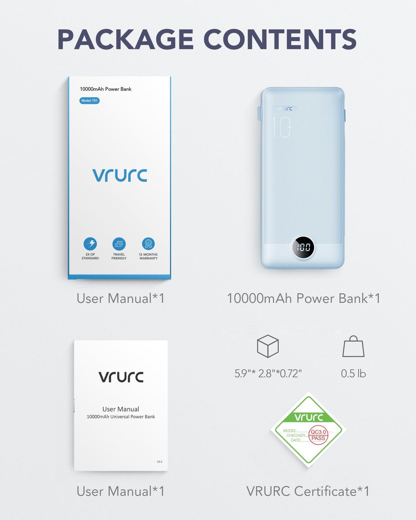 VRURC Portable Charger Built-in Cables and AC Wall Plug, USB C Power Bank 10000mAh, Travel Battery Phone Charger Compact Lightweight External Battery Pack for Smart Phones, Tablets etc-Orange