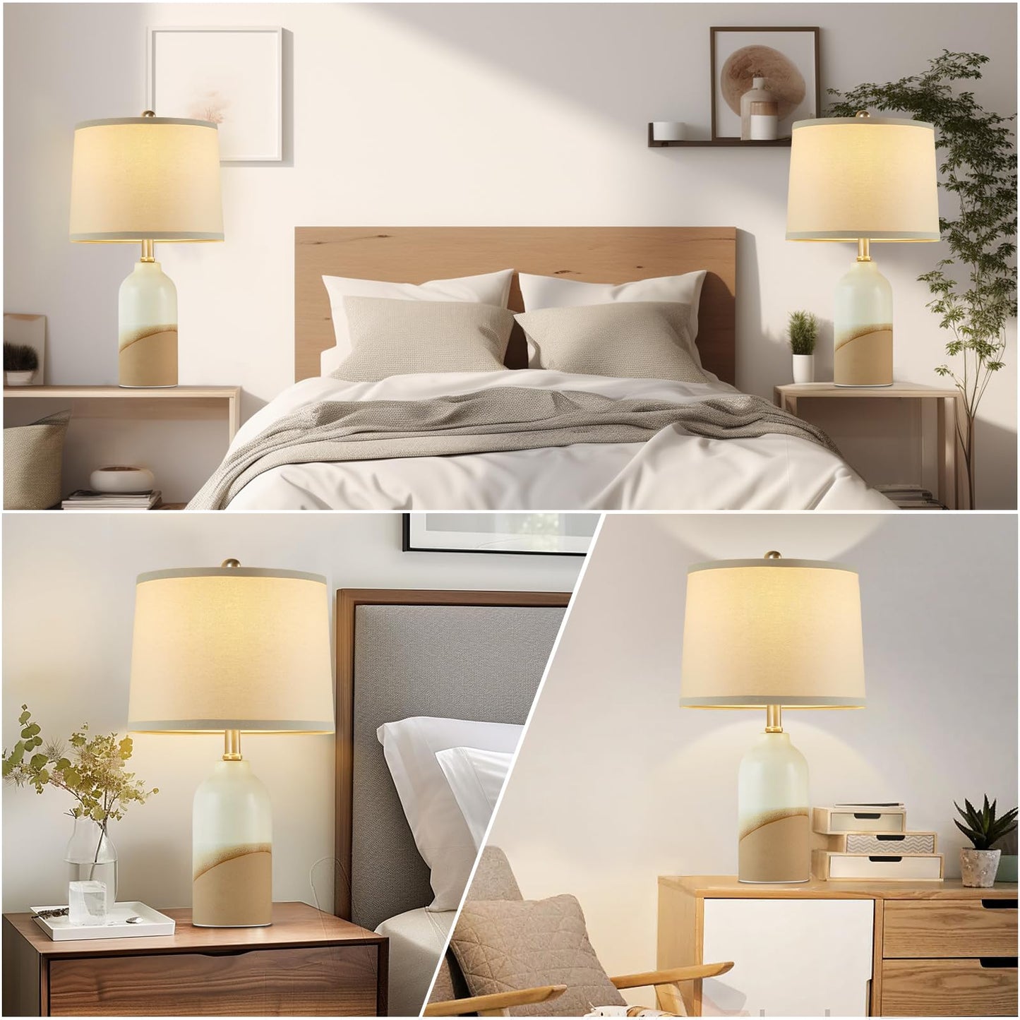 Luvkczc Moderne Keramiklampen für Schlafzimmer, 2er-Set, 3-Farbtemperatur-Tischlampe, Nachttischlampe, Schreibtisch-Leselampe mit Stoffschirm in Trommelform für Schlafzimmer, Wohnzimmer, 2 Glühbirnen enthalten (21,4 Zoll)