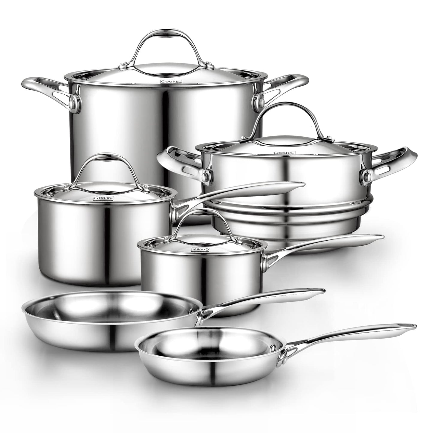 Cooks Standard Küchenkochgeschirr-Sets aus Edelstahl, 10-teilig, mehrlagiges, vollverkleidetes Kochset mit Töpfen und Pfannen mit kühl bleibenden Griffen, spülmaschinenfest, ofenfest bis 260 °C, silber