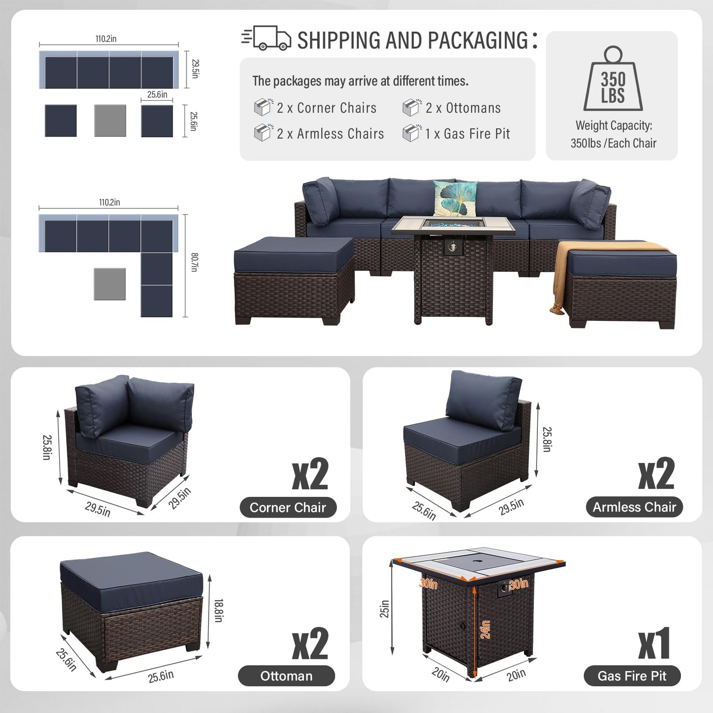 Outdoor Patio Dark Brown Rattan 7 Piece Sectional Set PE Wicker Conversation Sofa with Liftable Storage Table Non-Slip 5" Thick Royal Blue Cushion and Furniture Cover