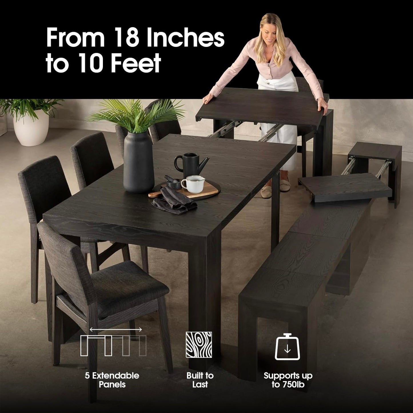Transformer Table Esstisch-Set für 4 bis 12, ausziehbarer Esstisch aus Holz mit ausziehbarer Bank, Möbel für kleine Räume, Küchentisch-Set (Dunkelgrau, Tisch + Bank)