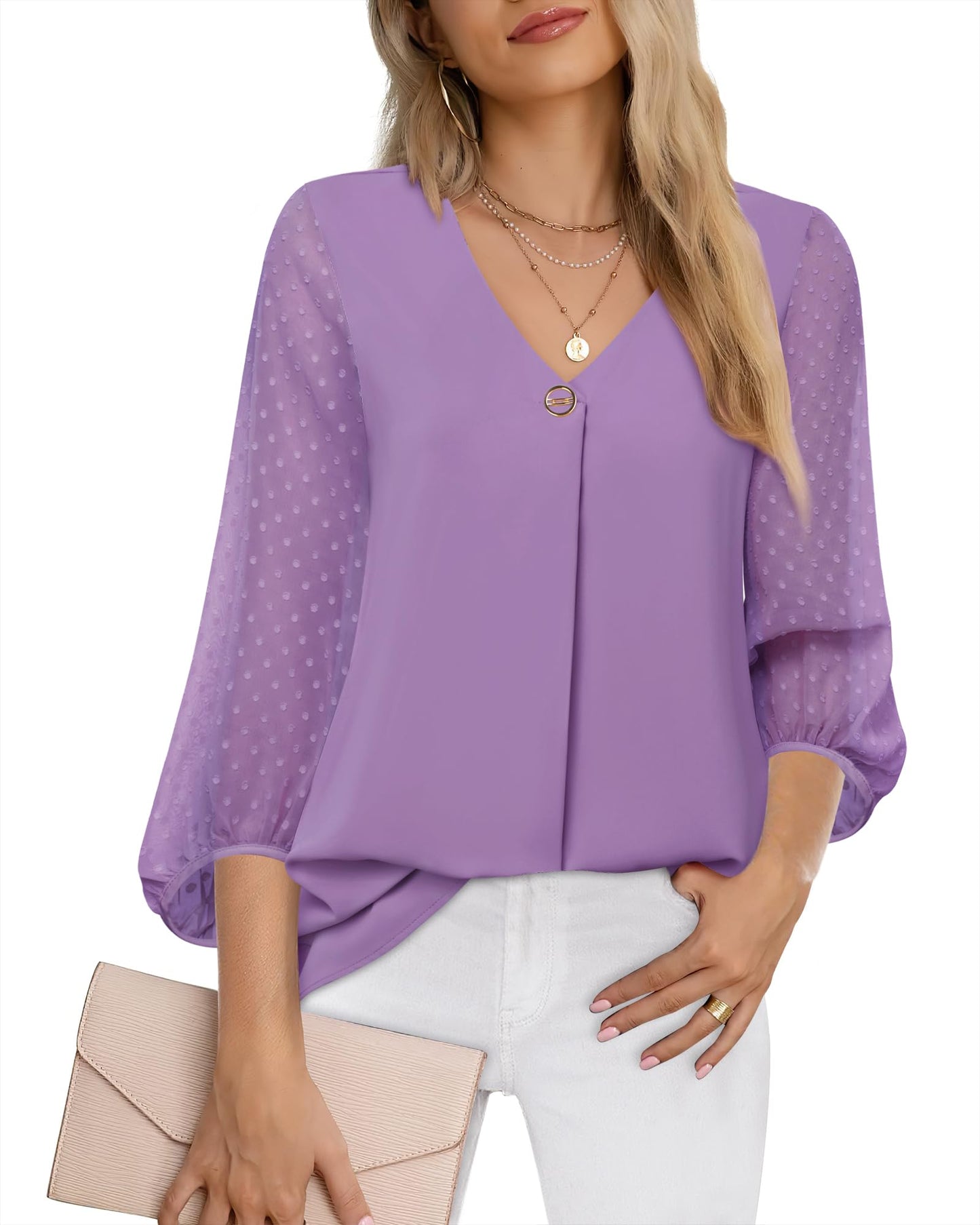 Bebonnie Damen Chiffonbluse mit Laternenmuster, 3/4-Ärmel, lässig, locker, V-Ausschnitt