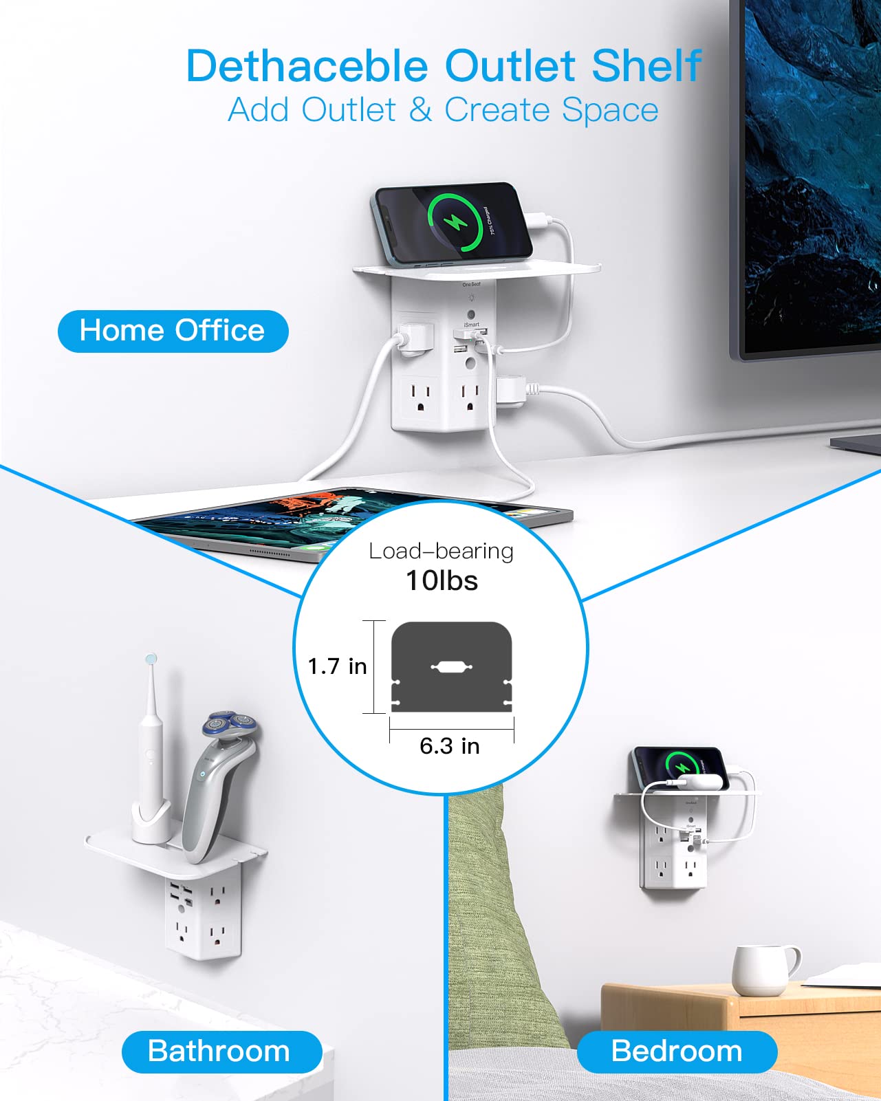 Mehrfachsteckdosen, Wandsteckdosenverlängerung mit Nachtlicht und Steckdosenablage, Überspannungsschutz 4 USB-Anschlüsse (2 USB C), USB-Wandladegerät, Steckdosenleiste, Steckdosenverteiler für das Homeoffice
