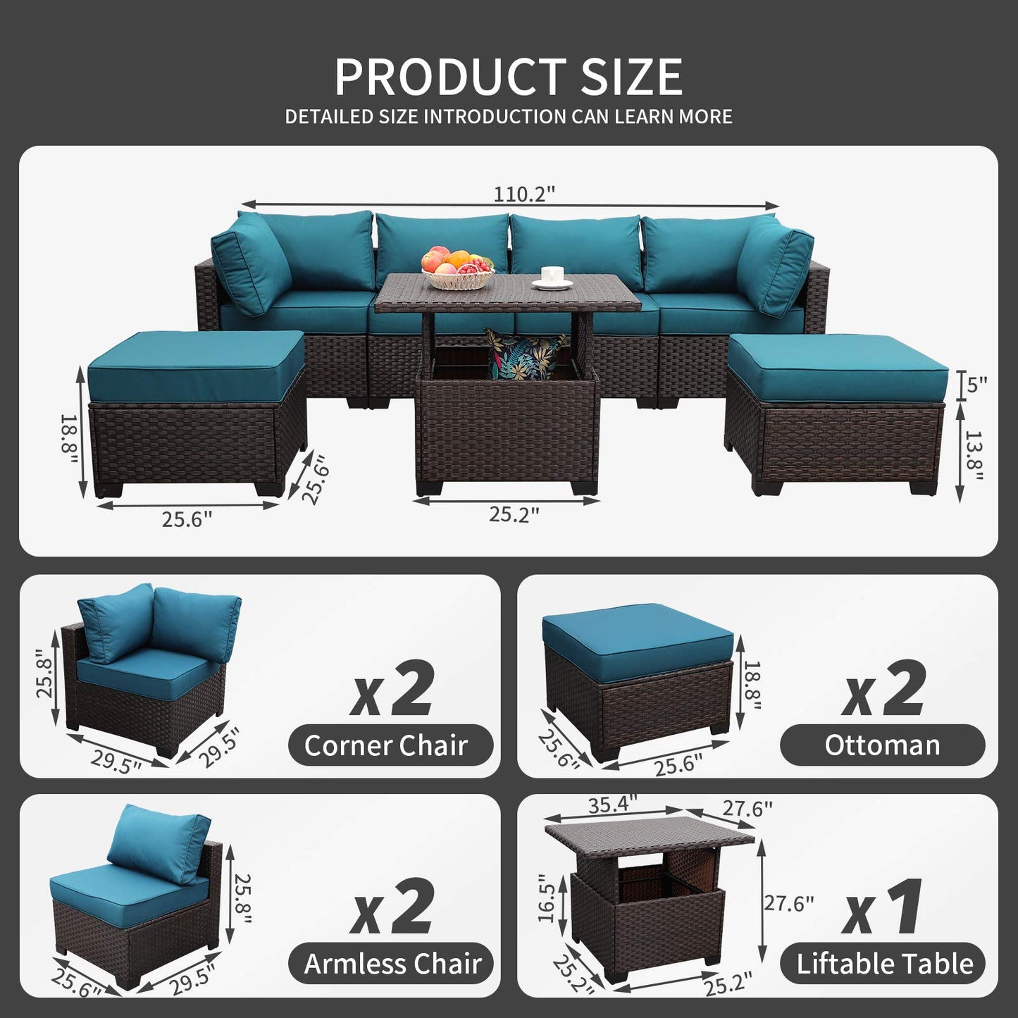 Outdoor Patio Dark Brown Rattan 7 Piece Sectional Set PE Wicker Conversation Sofa with Liftable Storage Table Non-Slip 5" Thick Royal Blue Cushion and Furniture Cover