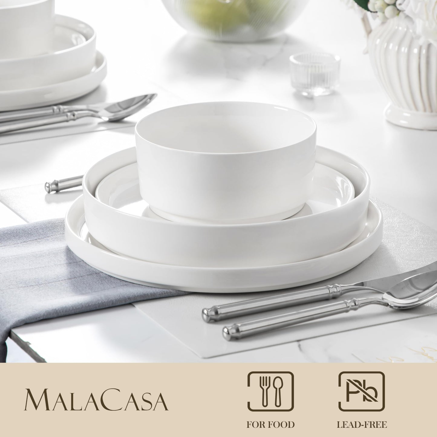 MALACASA 12 Pieces Porcelain Dinnerware Set, Modern White Dish Set for 4, Premium Serving Plates and Bowls Sets, Chip and Scratch Resistant Dishware Sets Kitchen Dishes Dining Ware Set, Series LEAH