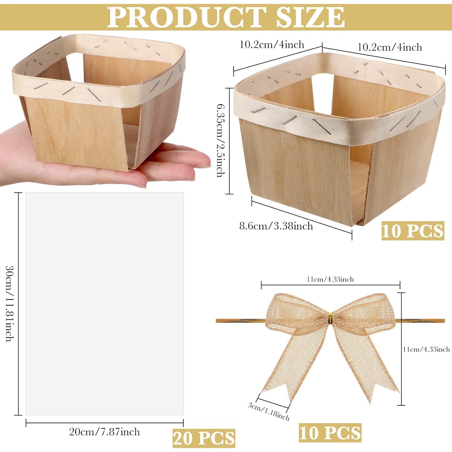 Yerliker 10 Set Wooden Mini Baskets for Gifts Empty 4 Inches Small Baskets Berry Basket Bows Clear Treat Bags Set for DIY Picking Wedding Birthday Easter(White,Satin)
