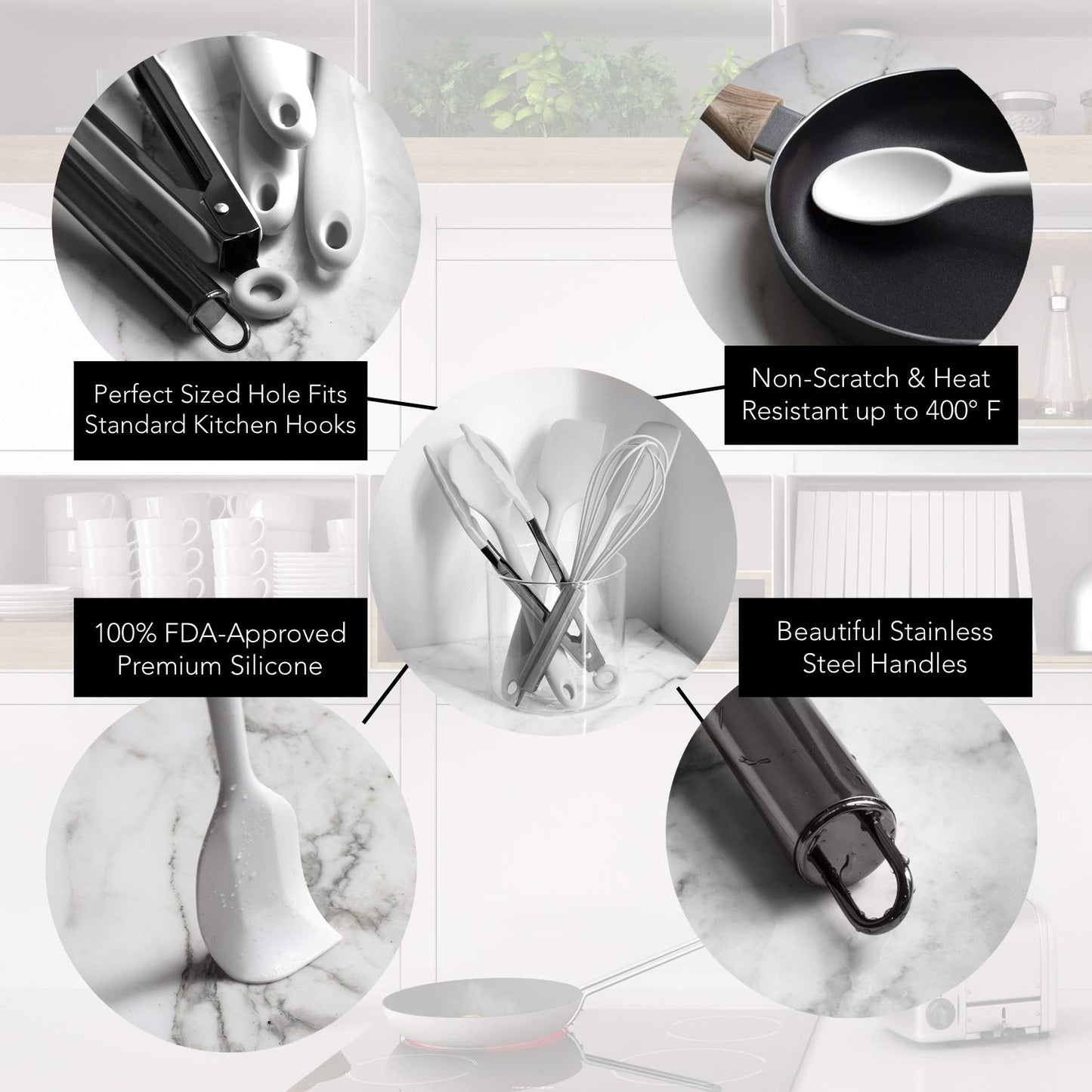 Country Kitchen Silicone Cooking Utensils - Easy to Clean Kitchen Tools, Spatula Set for Nonstick Cookware, Mini, White
