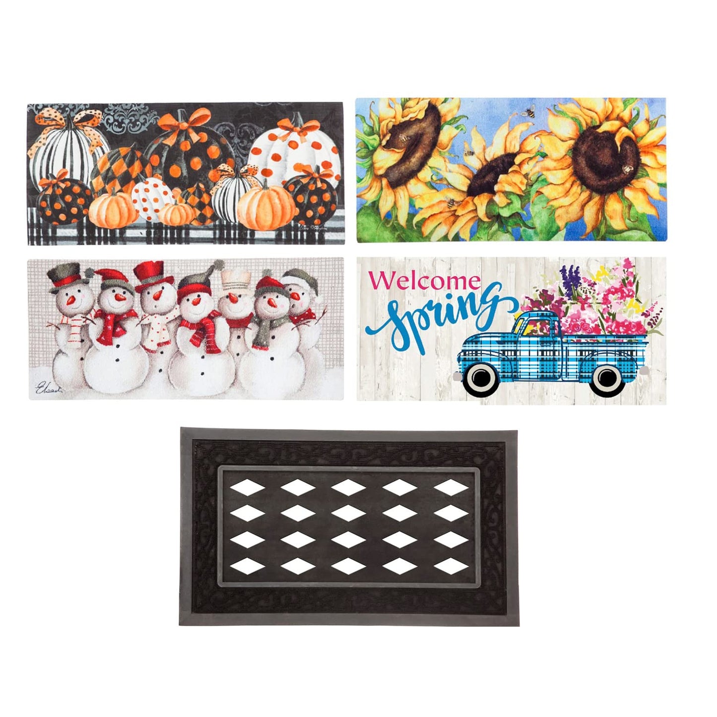 Evergreen Sassafras Bundle - Set mit 5 saisonalen austauschbaren Fußmatten für den Eingangsbereich | Für drinnen und draußen | 22 x 10 Zoll große Fußmatten und 28 x 16 Zoll großes Tablett | Rutschfeste Rückseite | Niedriges Profil | Heimdekor