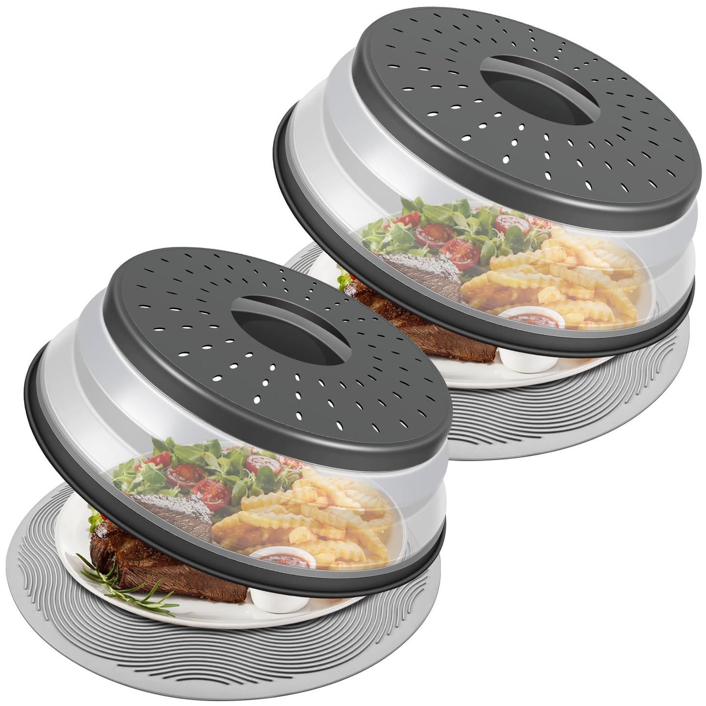 2er-Pack, LekDrok Mikrowellen-Abdeckhaube mit Matte, 12 Zoll, Matte als Schüsselhalter, Abdeckung als Spritzschutz, zusammenklappbarer Deckel für Teller, Mehrzweck-Silikonmatte und Küchensieb-Gadget für die Essenszubereitung, Anthrazit