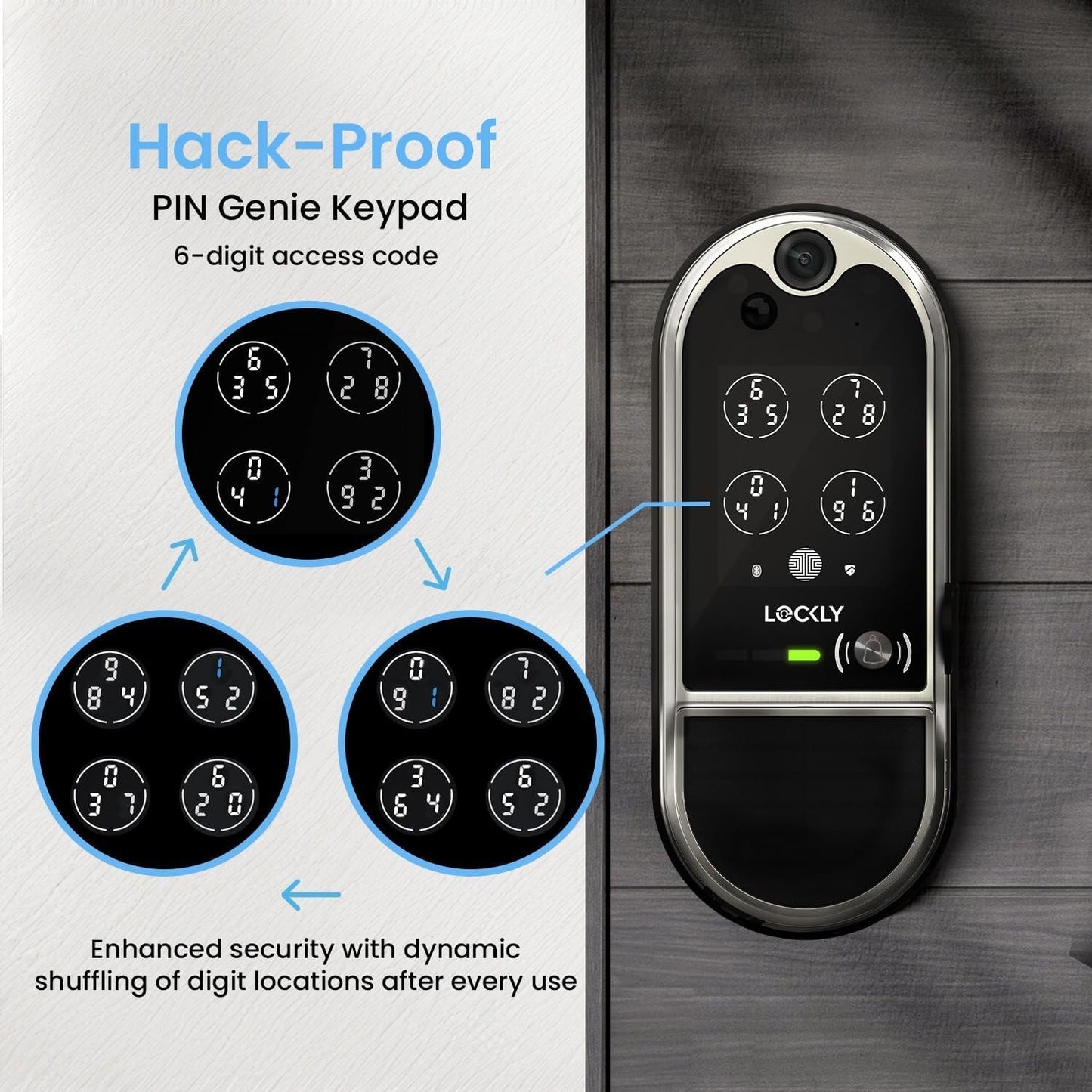 Lockly Vision Elite - Serrure intelligente vidéo WiFi avec caméra de vision nocturne, capteur de mouvement, empreinte digitale biométrique, commande vocale, télécommande par application, sonnette, panneau solaire, clavier numérique, nickel satiné