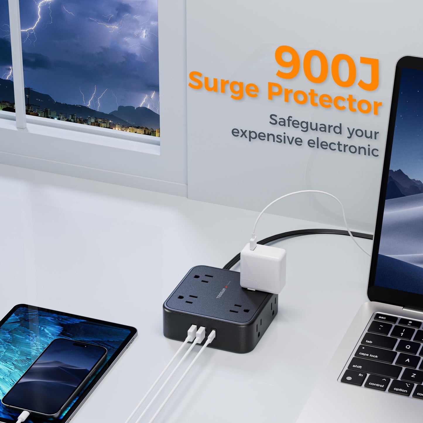 Surge Protector Flat Extension Cord Flat Plug Power Strip, 8 AC Outlets, 3 USB Charger(1 USB C Port) 3-Sided Outlet Extender, 5 Ft, 900 Joules Protection