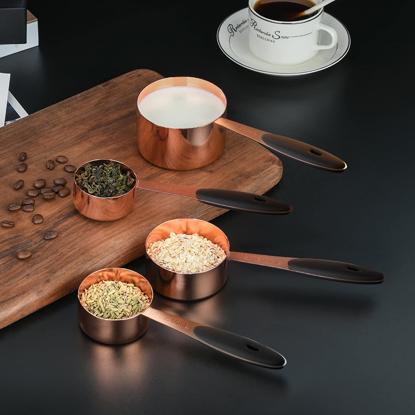 Ensemble de 10 tasses et cuillères à mesurer en acier inoxydable Joyhill, ensemble de tasses à mesurer emboîtables en métal avec poignées en silicone doux au toucher pour ingrédients secs et liquides, cuisine et pâtisserie (noir)
