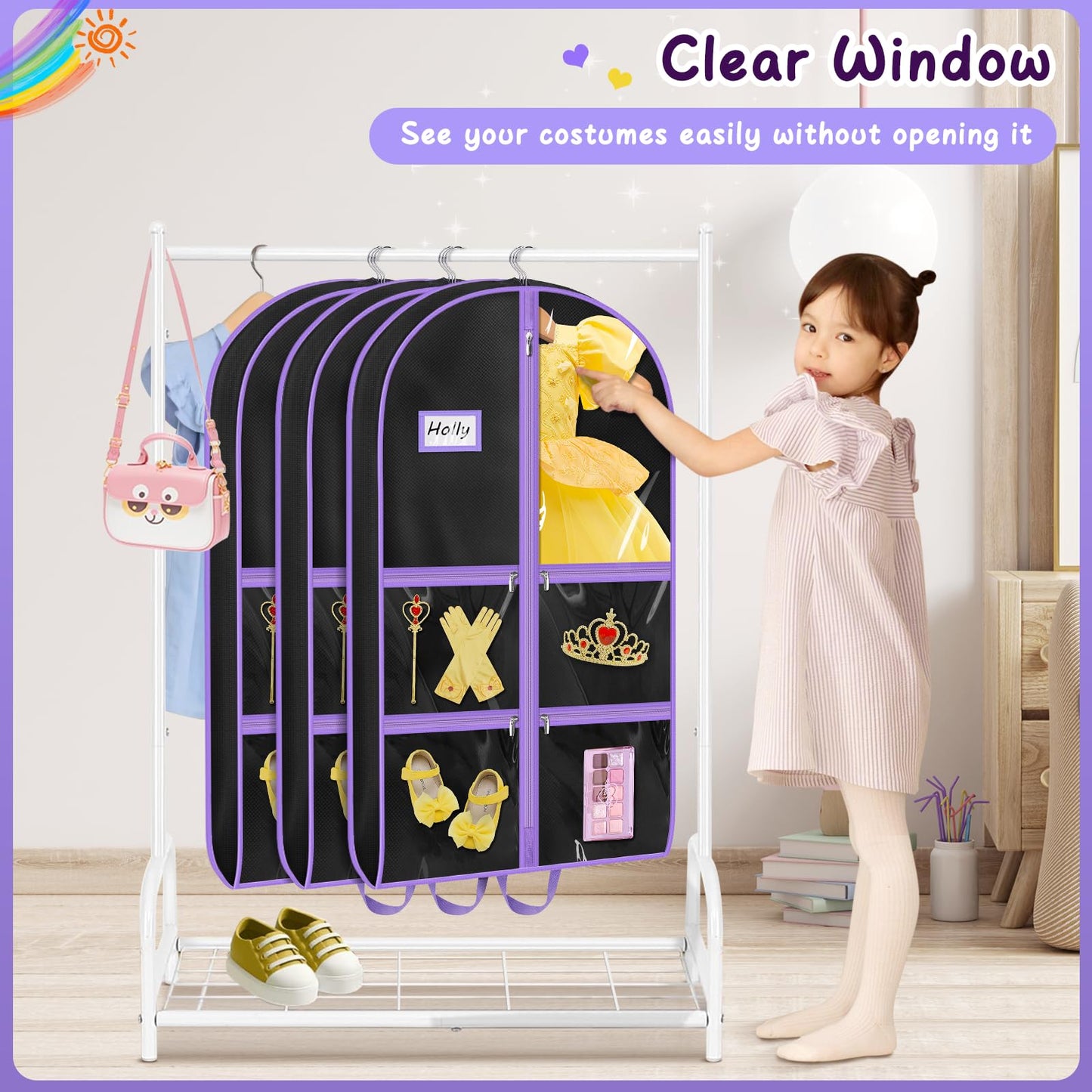 MISSLO Dance Garment Bags for Dancers with 4 Pockets Garment Bags for Dance Costumes 40" Cheer Uniform Garment Bag Hanging Kids Garment Bag for Recital, Competition, Travel, Storage (1, Black)