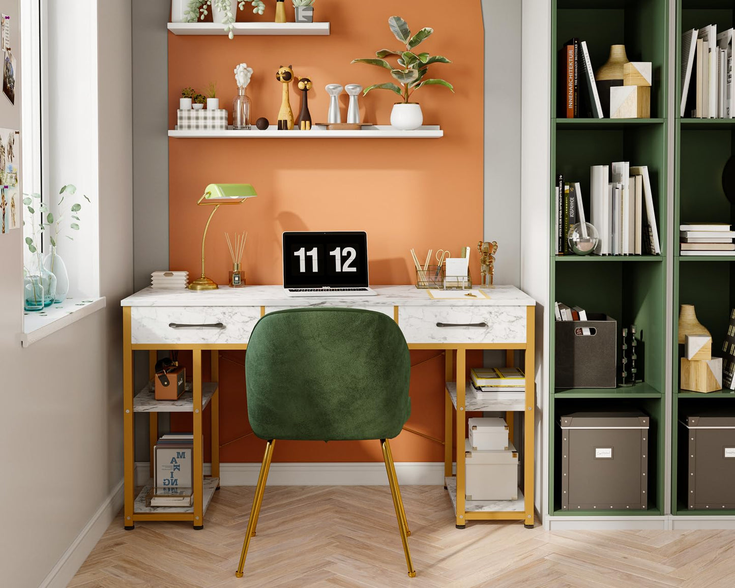 ODK Office Kleiner Computertisch: Heimtisch mit Stoffschubladen und Ablageflächen, moderner Schreibtisch, Schwarz, 48"x16"