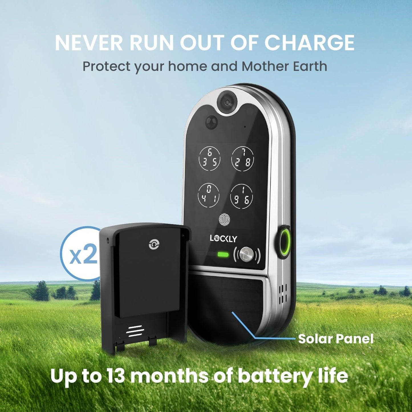 Lockly Vision Elite - Serrure intelligente vidéo WiFi avec caméra de vision nocturne, capteur de mouvement, empreinte digitale biométrique, commande vocale, télécommande par application, sonnette, panneau solaire, clavier numérique, nickel satiné