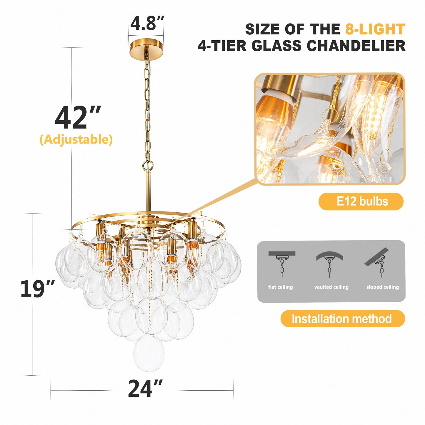 Goldfarbener mehrstufiger Glaskugel-Blasen-Kronleuchter, runder Kronleuchter aus gewirbeltem Glas, klares geblasenes Glas, 8-flammige Pendelleuchte mit 24 Zoll Durchmesser für Schlafzimmer und Restaurant