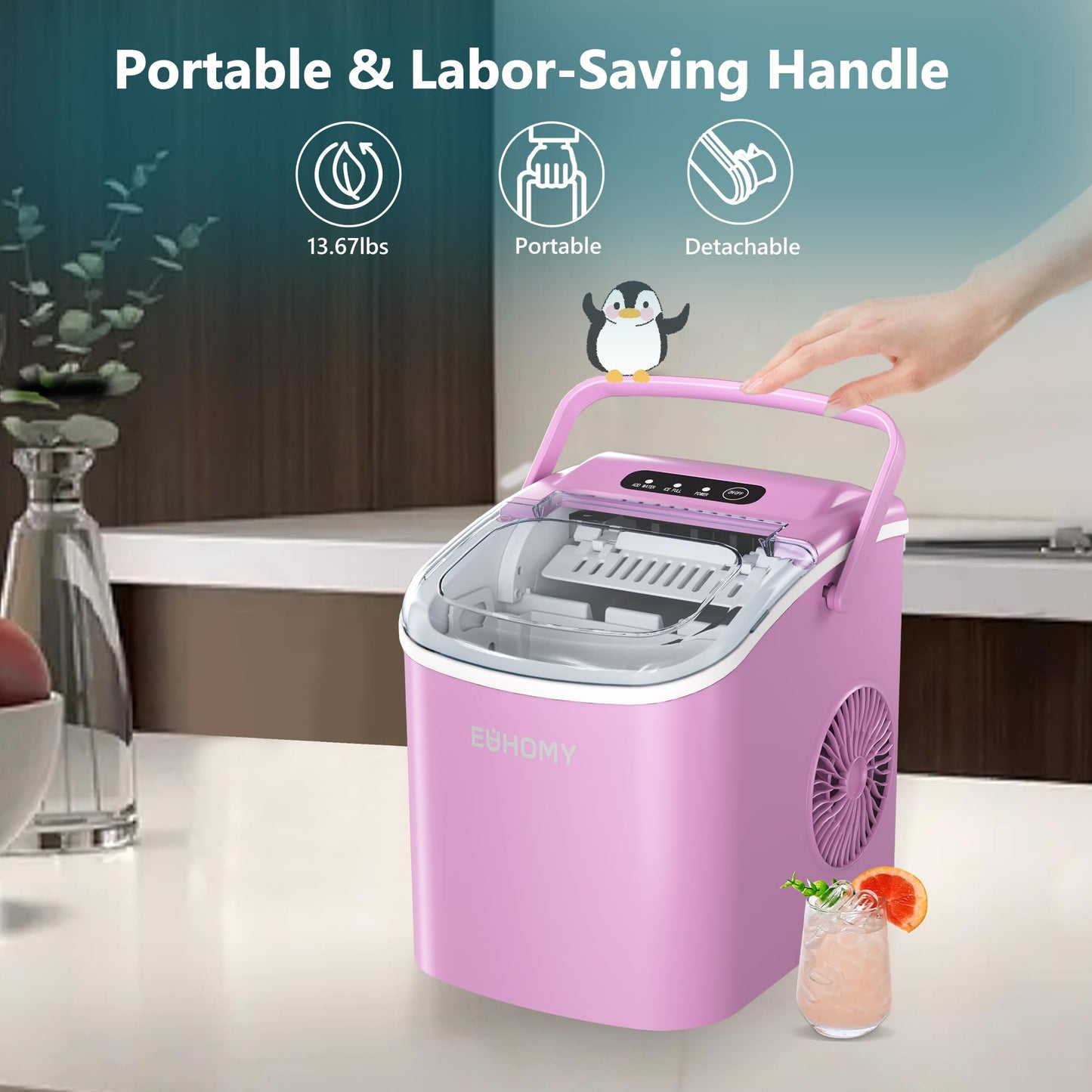 EUHOMY Countertop Ice Maker Machine with Handle, 26lbs in 24Hrs, 9 Ice Cubes Ready in 6 Mins, Auto-Cleaning Portable Ice Maker with Basket and Scoop, for Home/Kitchen/Camping/RV. (Black)