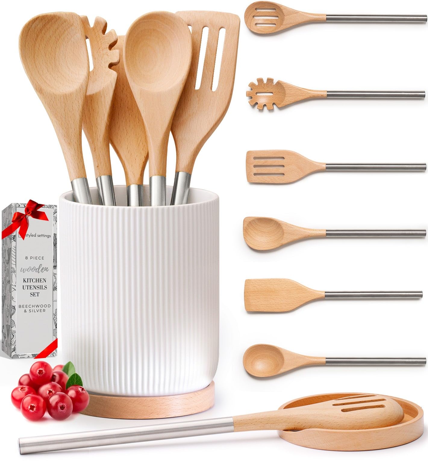 Ensemble d'ustensiles de cuisine en bois – Ensemble de 8 pièces comprenant des ustensiles de cuisine en bois et en or, un porte-ustensiles blanc et un repose-cuillère en bois – Ustensiles de cuisine durables et élégants pour cuisiner et servir