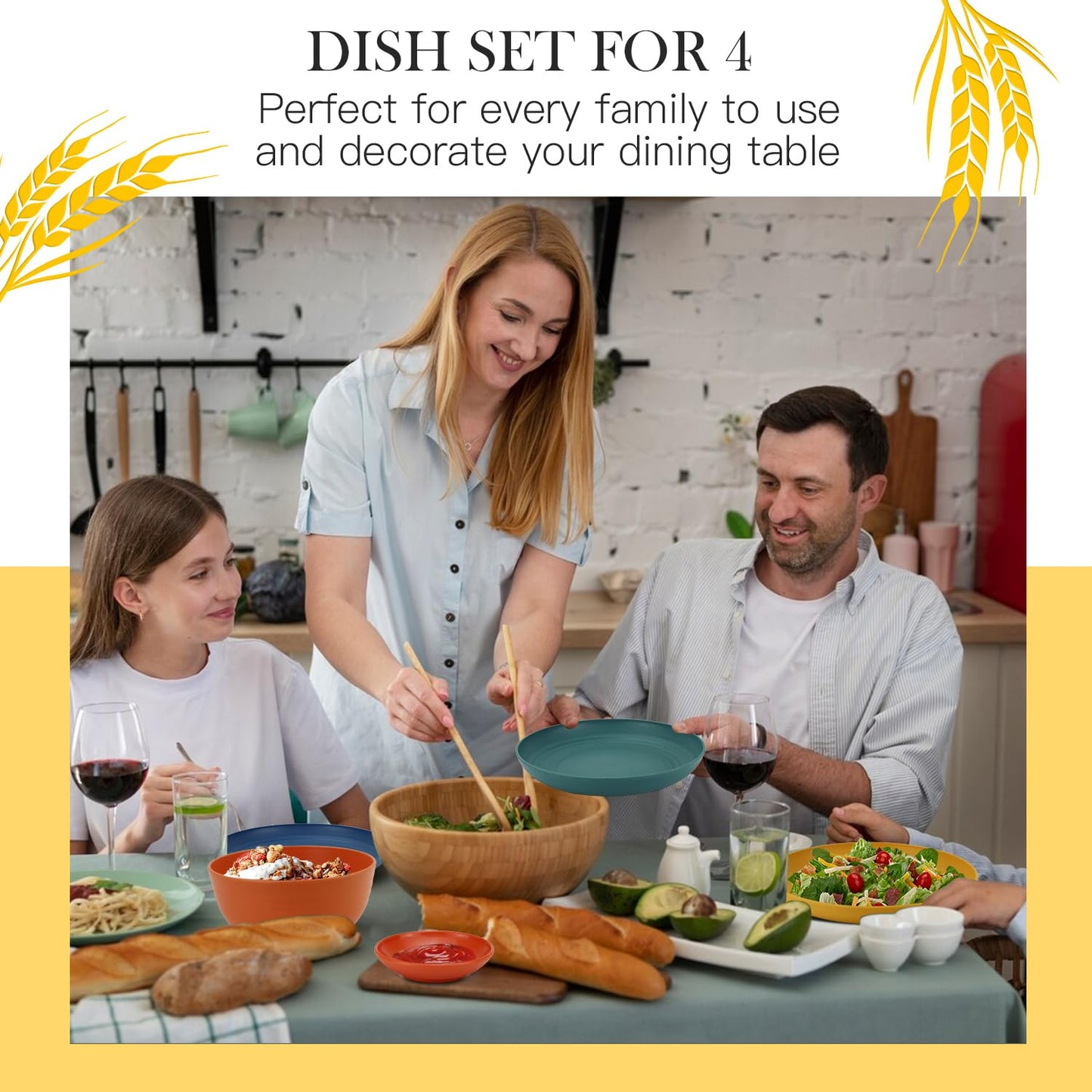 28 Piece Wheat Straw Dinnerware Sets,Dishwasher & Microwave Safe Plates and Bowls Sets - Unbreakable Plastic Dinnerware Sets for 4 Dinner Plates, Cups, Cereal Bowls - Colorful Series