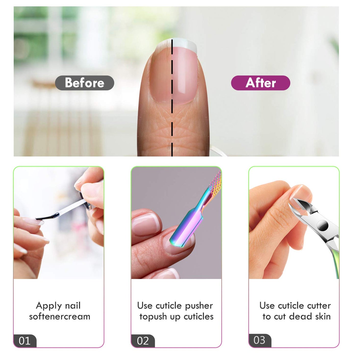 3-Piece Rainbow Cuticle Care Kit – Precision Trimmer, Dual-Head Pusher & Scraper | Surgical-Grade Stainless Steel
