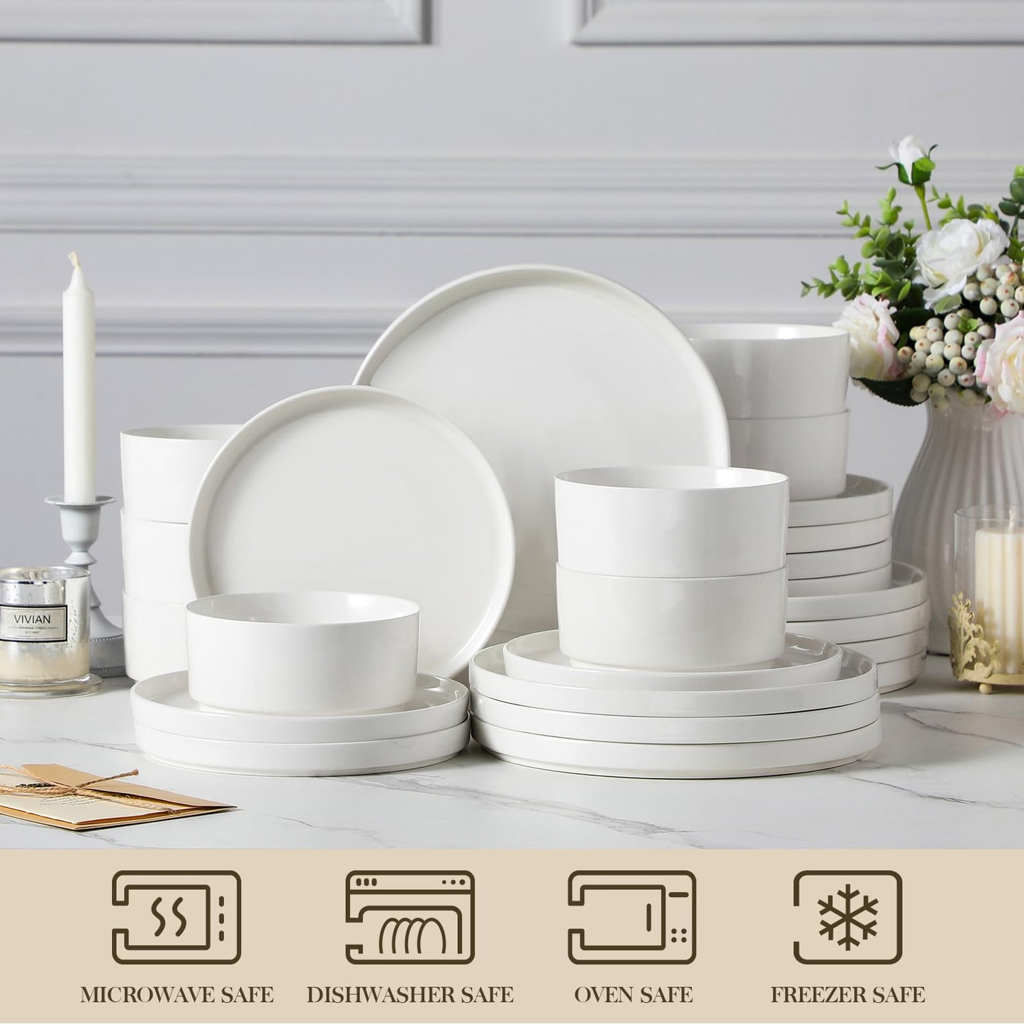 MALACASA 12 Pieces Porcelain Dinnerware Set, Modern White Dish Set for 4, Premium Serving Plates and Bowls Sets, Chip and Scratch Resistant Dishware Sets Kitchen Dishes Dining Ware Set, Series LEAH