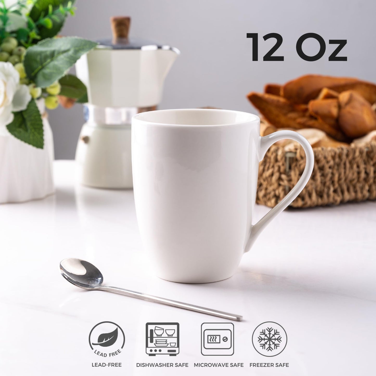 Lot de 6 tasses à café AmorArc 12 oz blanc cassé, tasses à café en céramique avec grande poignée pour homme, femme, ensemble de tasses à café légères pour latte/cappuccino/cacao/lait, lavables au lave-vaisselle et au micro-ondes, 6 pièces