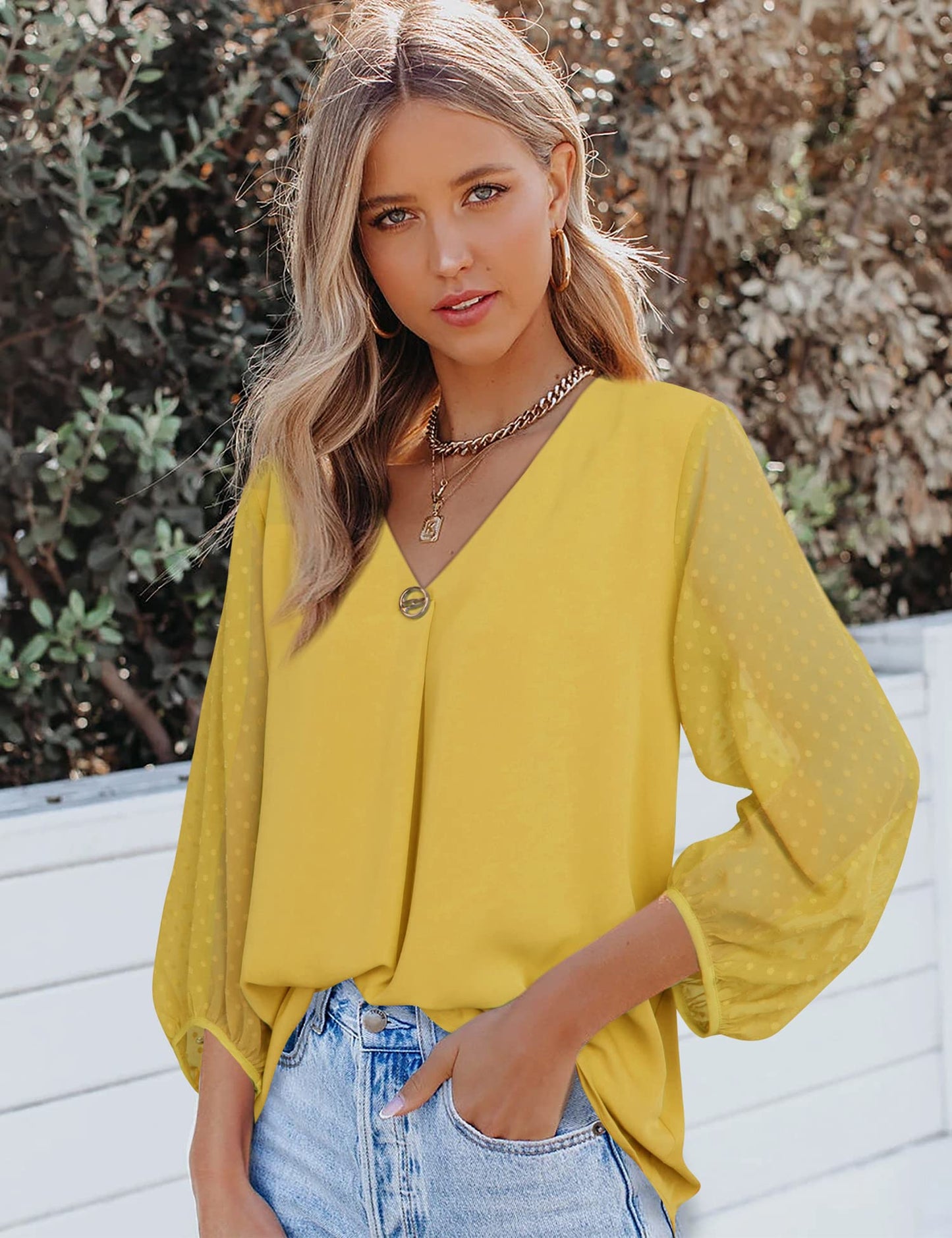 Bebonnie Damen Chiffonbluse mit Laternenmuster, 3/4-Ärmel, lässig, locker, V-Ausschnitt