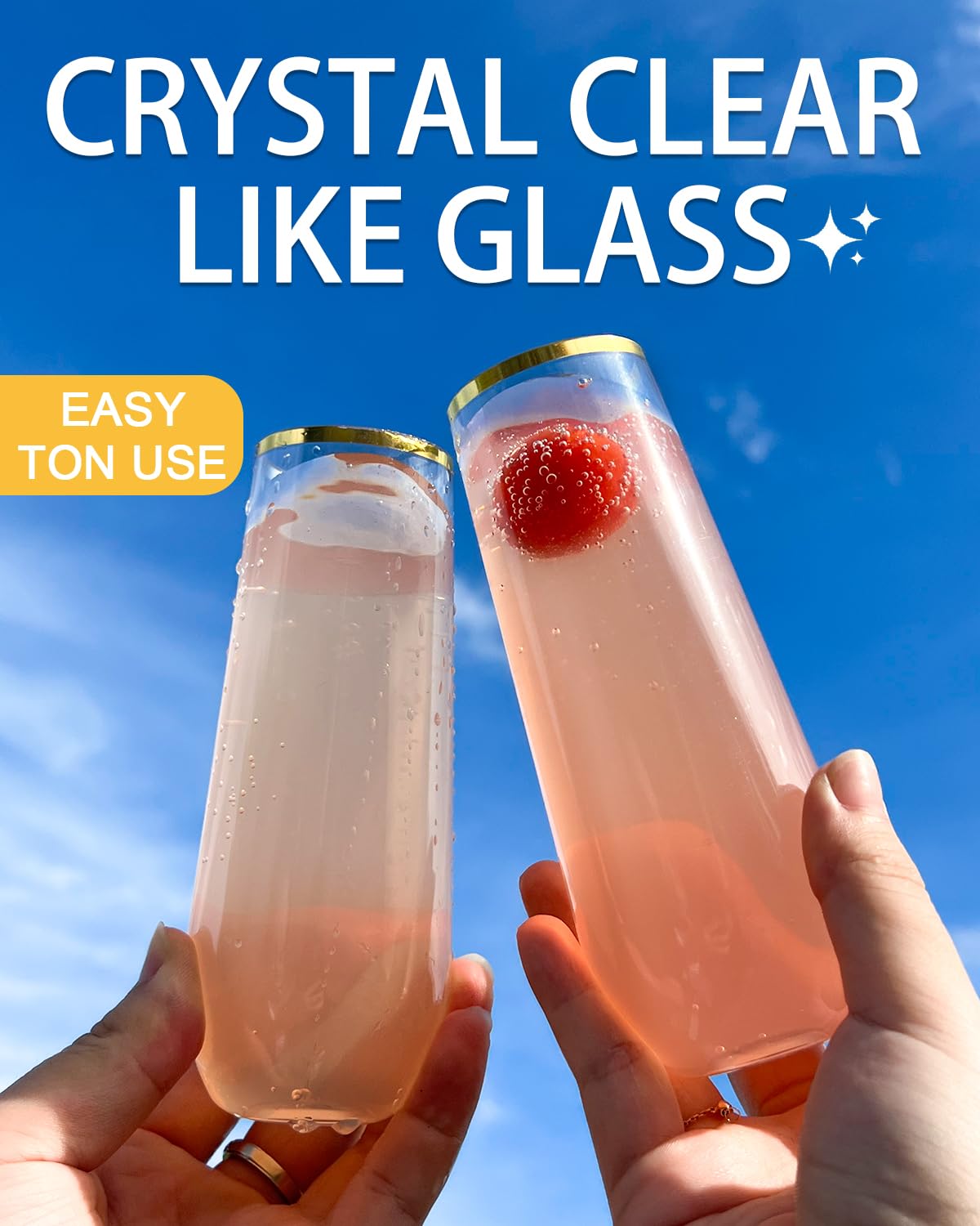 24 Pcak Champagne Flutes Plastic, 9 Oz Disposable Stemless Mimosa Gold Rim Toasting Glasses, Clear Crystal Plastic Cocktail Cups for Party Wedding Birthday