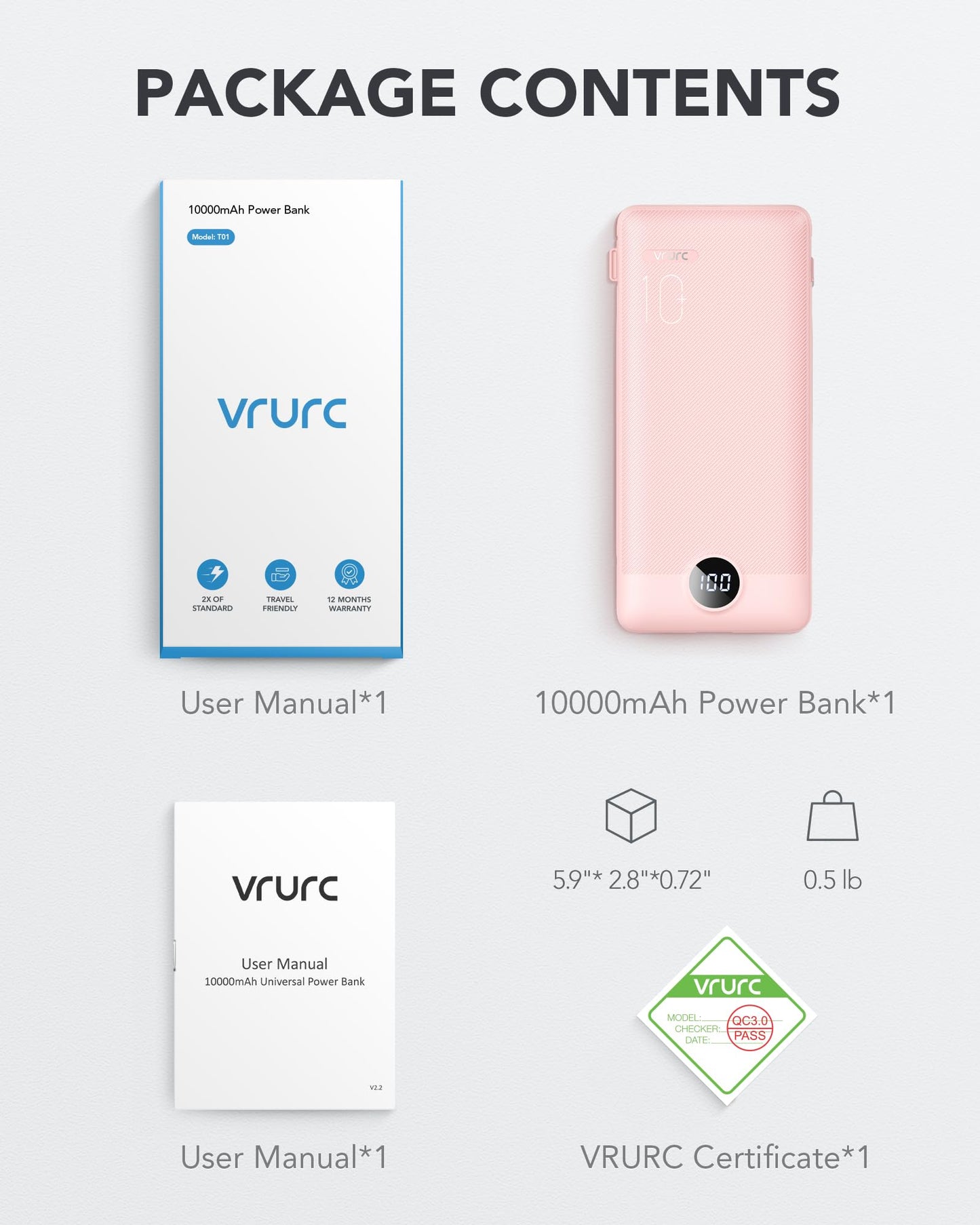 VRURC Portable Charger Built-in Cables and AC Wall Plug, USB C Power Bank 10000mAh, Travel Battery Phone Charger Compact Lightweight External Battery Pack for Smart Phones, Tablets etc-Orange