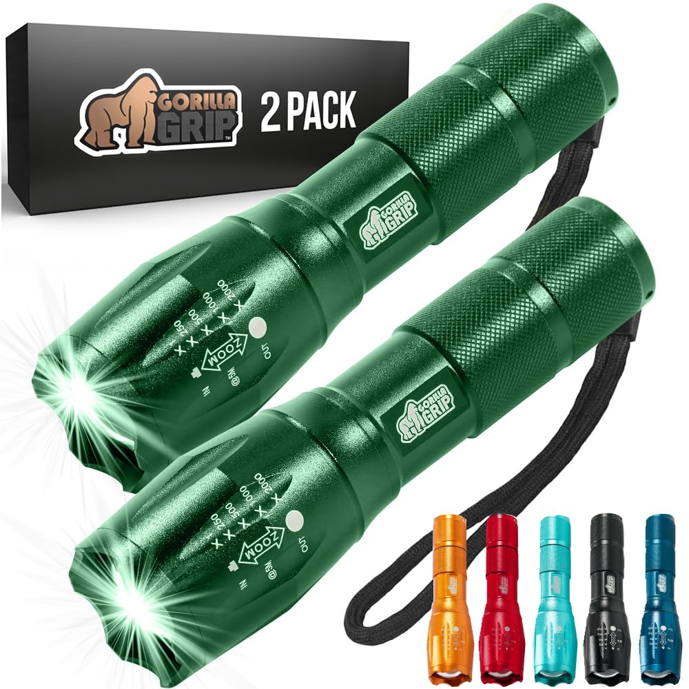 Gorilla Grip Leistungsstarke LED-Taschenlampe, 237 m, wasserfest, 5 einstellbare Modi, taktische Taschenlampe, hohe Lumen, ultrahelle Akku-Zoom-Taschenlampen, kleines Mini-Taschenlampen-Zubehör fürs Campingauto, 2er-Pack, Gold