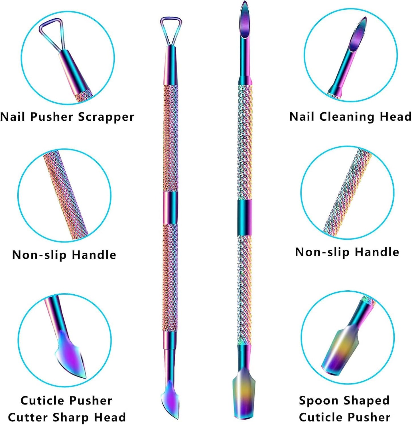 3-Piece Rainbow Cuticle Care Kit – Precision Trimmer, Dual-Head Pusher & Scraper | Surgical-Grade Stainless Steel