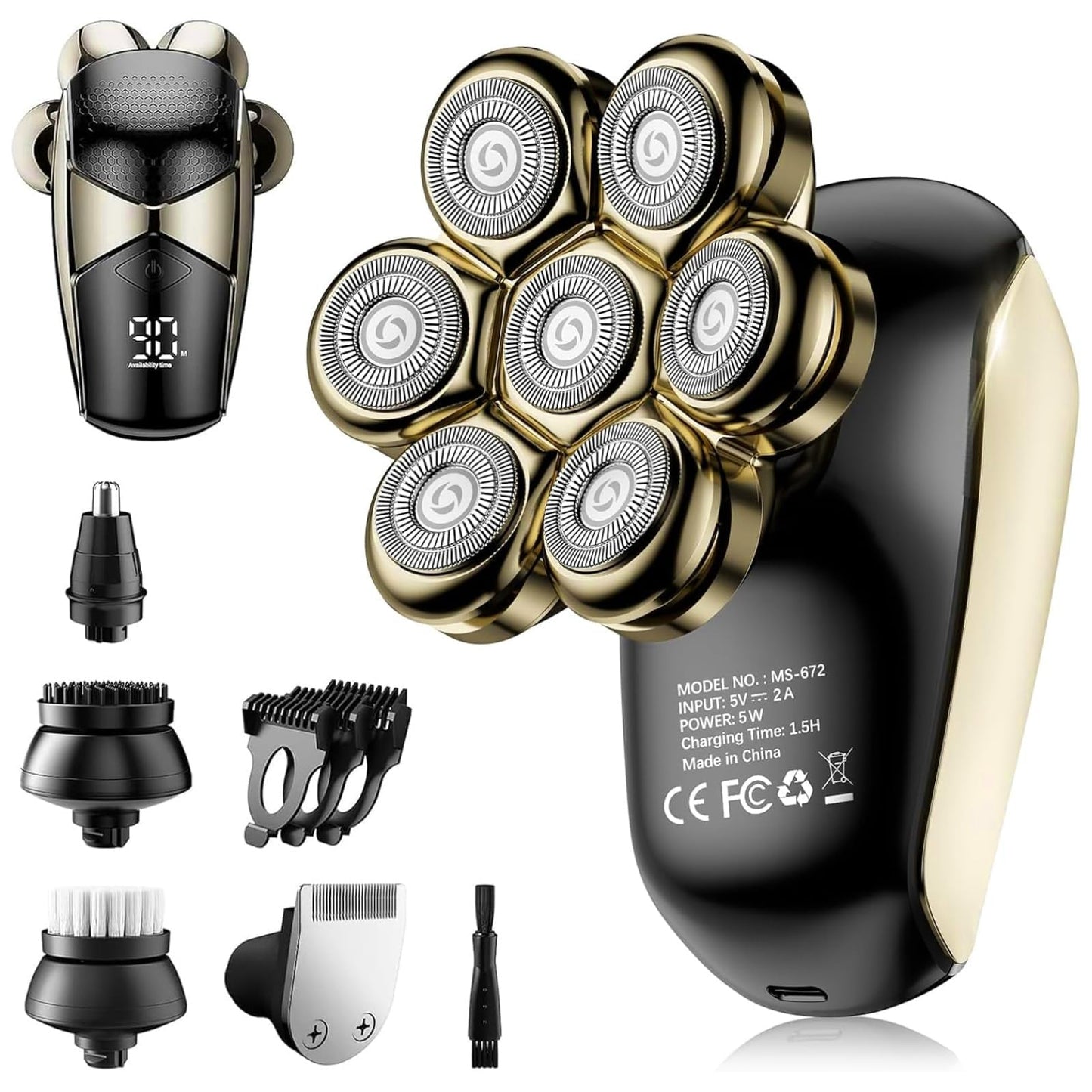 Detachable Head Shavers, SHPAVVER 5 in 1 Electric Razor IPX7 Waterproof for Bald Men, Wet Dry LED Display Rechargeable 7D Rotary Shaver Grooming Kit with Type C Charge A