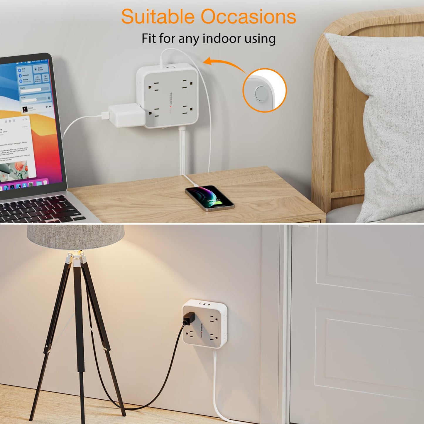 Surge Protector Flat Extension Cord Flat Plug Power Strip, 8 AC Outlets, 3 USB Charger(1 USB C Port) 3-Sided Outlet Extender, 5 Ft, 900 Joules Protection
