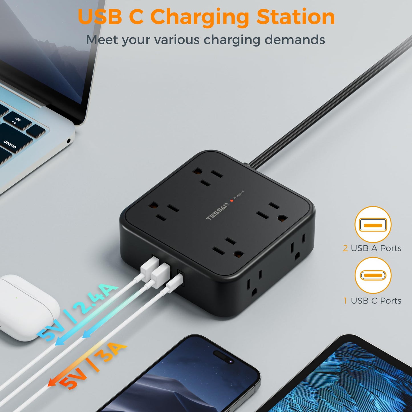 Surge Protector Flat Extension Cord Flat Plug Power Strip, 8 AC Outlets, 3 USB Charger(1 USB C Port) 3-Sided Outlet Extender, 5 Ft, 900 Joules Protection