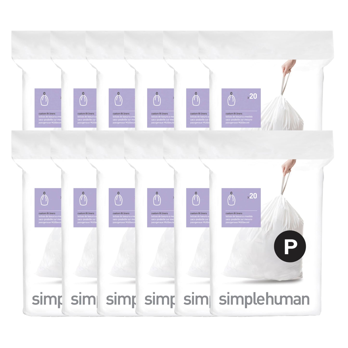 simplehuman Code H 60 Count, Genuine Custom Fit Liners, Drawstring Trash Bags in Dispenser Packs, 30-35 Liter / 8-9.2 Gallon, White