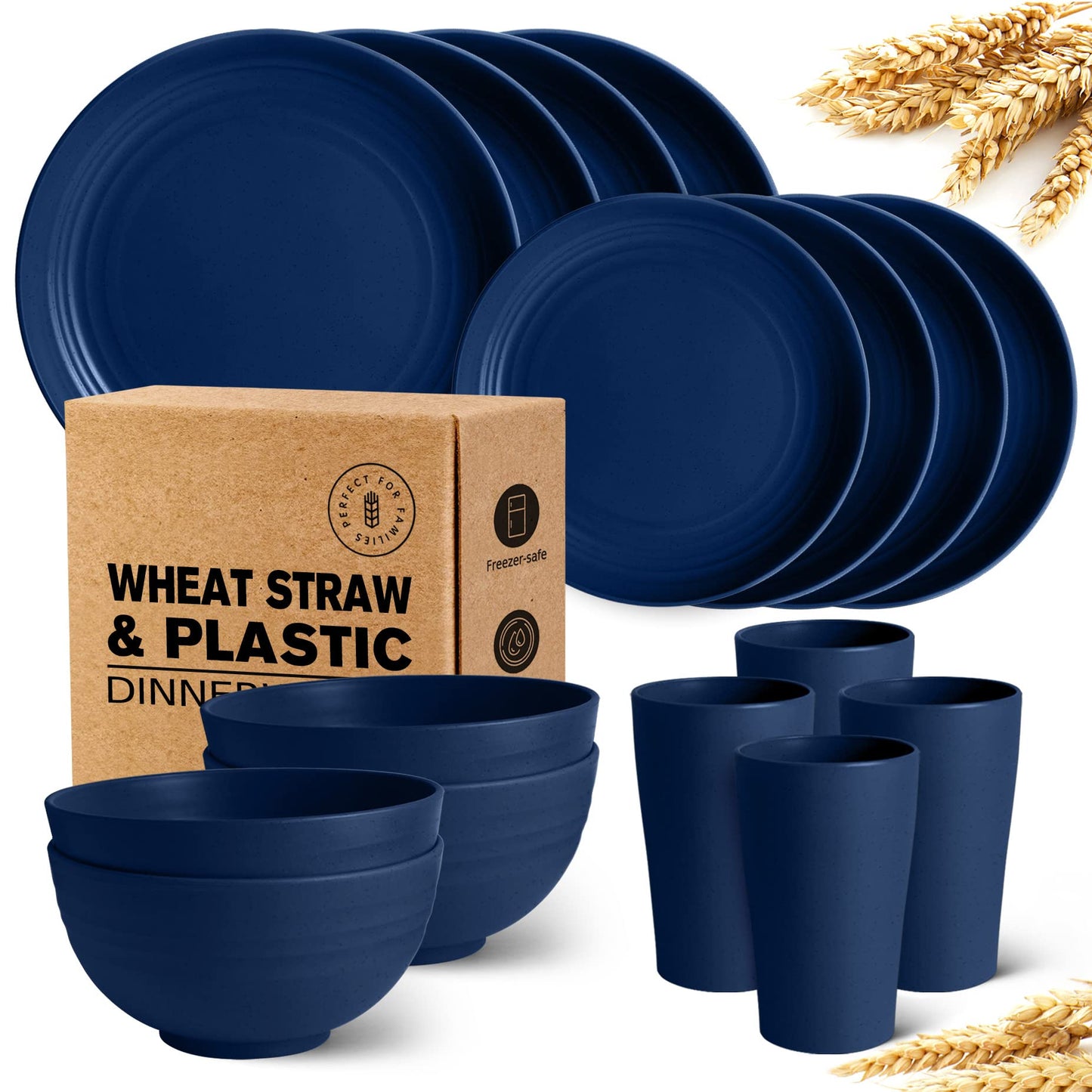 Teivio 16-Piece Kitchen Plastic Wheat Straw Dinnerware Set, Service for 4, Dinner Plates, Dessert Plate, Cereal Bowls, Cups, Unbreakable Plastic Outdoor Camping Dishes, Grey