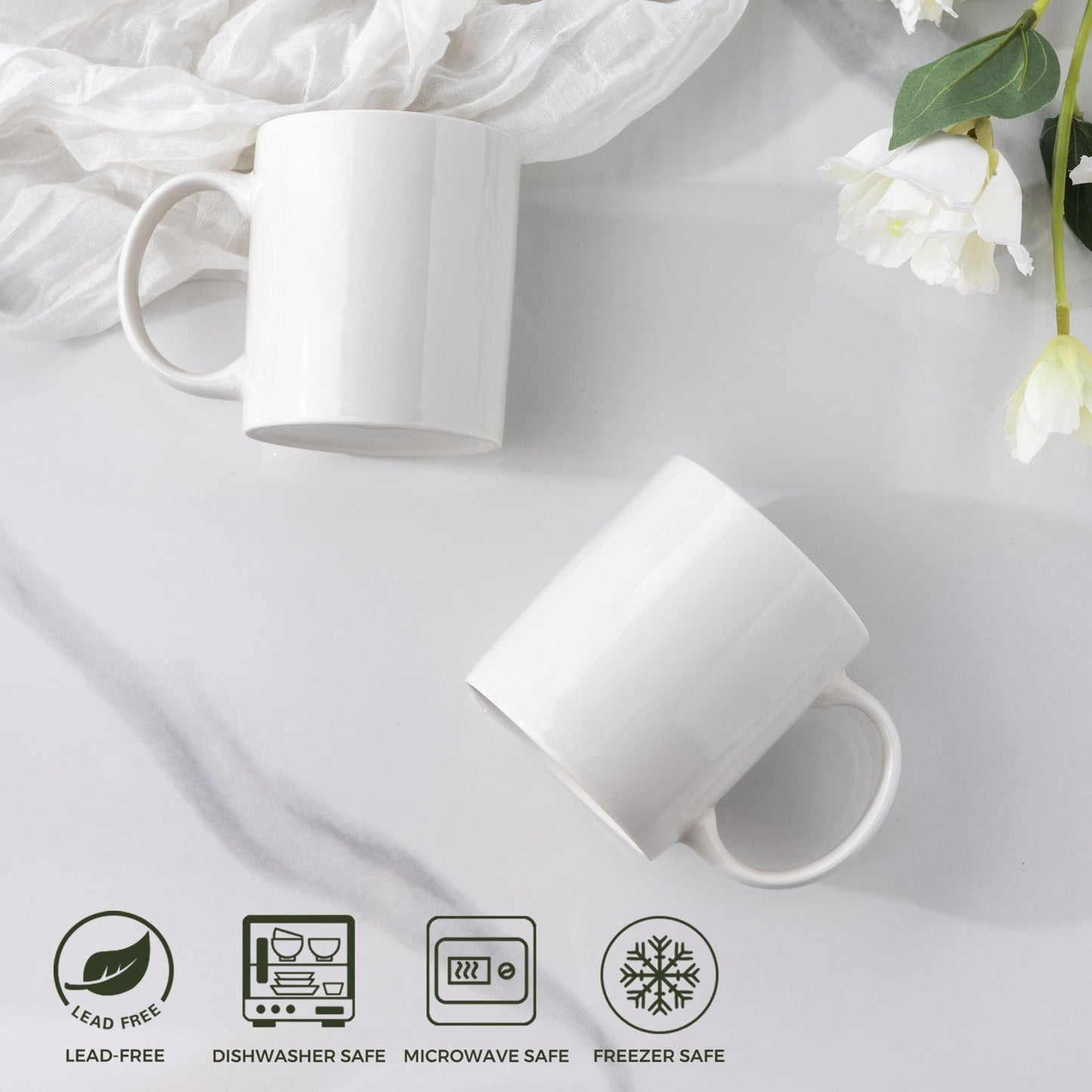 Lot de 6 tasses à café AmorArc 12 oz blanc cassé, tasses à café en céramique avec grande poignée pour homme, femme, ensemble de tasses à café légères pour latte/cappuccino/cacao/lait, lavables au lave-vaisselle et au micro-ondes, 6 pièces