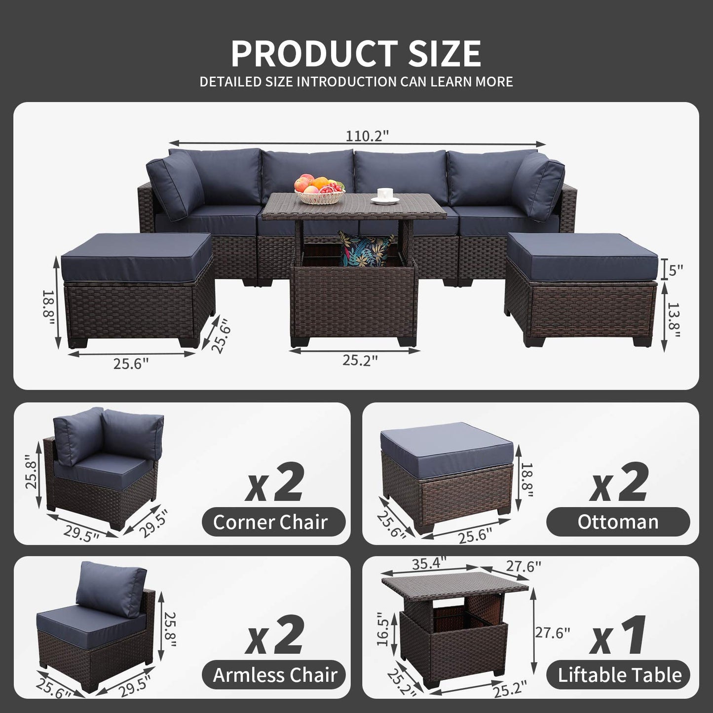 Outdoor Patio Dark Brown Rattan 7 Piece Sectional Set PE Wicker Conversation Sofa with Liftable Storage Table Non-Slip 5" Thick Royal Blue Cushion and Furniture Cover