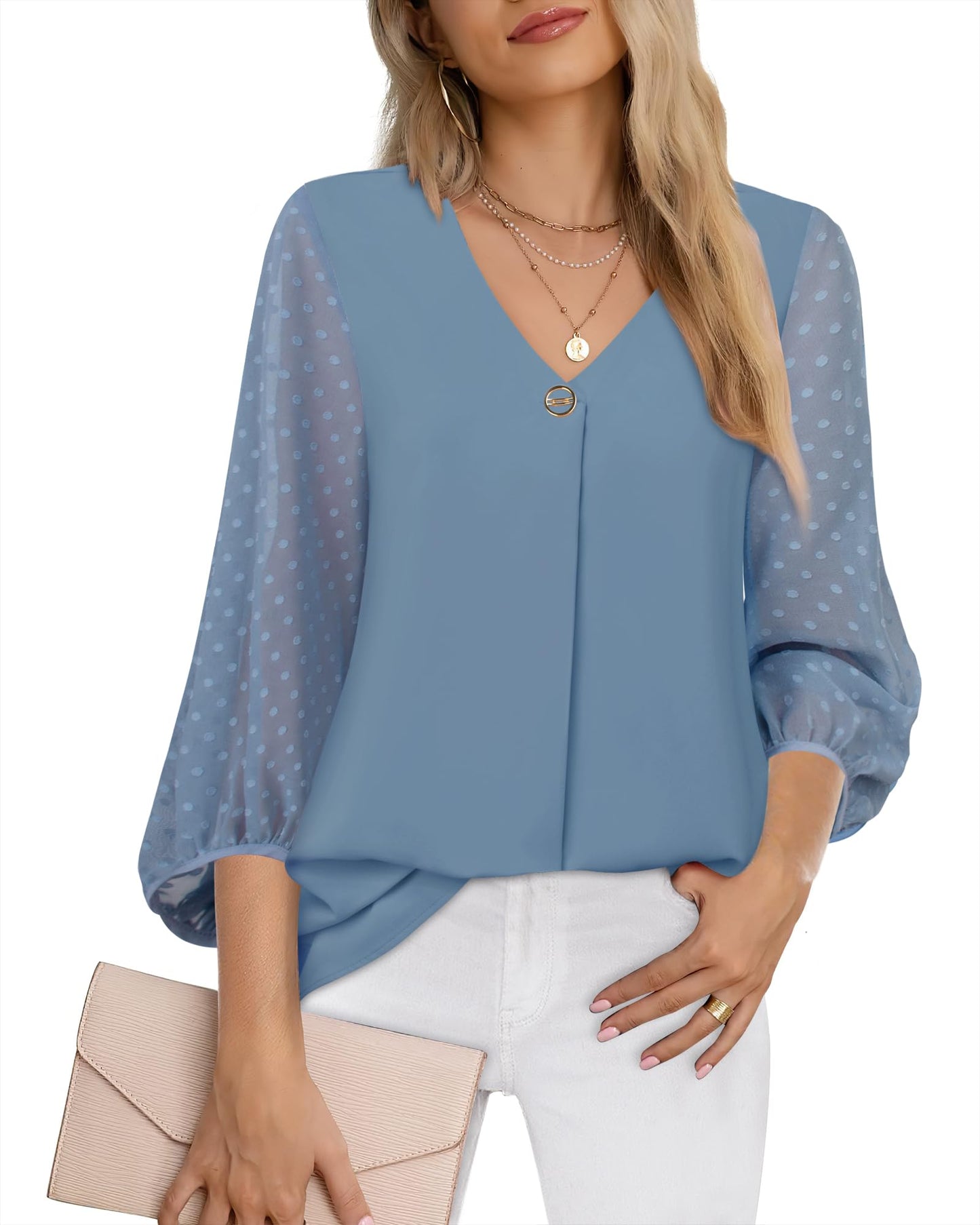 Bebonnie Damen Chiffonbluse mit Laternenmuster, 3/4-Ärmel, lässig, locker, V-Ausschnitt