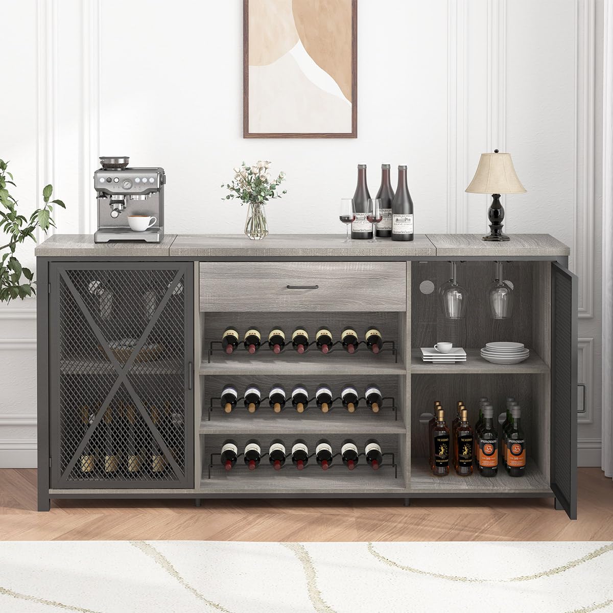 LVB Langer Barschrank mit Platz für den Kühlschrank, großer Spirituosenschrank im Landhausstil mit Schubladen, großer Weinschrank aus rustikalem Holz und Metall mit Regal, modernes Sideboard-Buffet für Küche und Esszimmer, grau, 70 Zoll