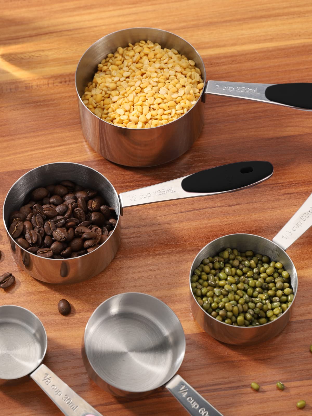 Ensemble de 10 tasses et cuillères à mesurer en acier inoxydable Joyhill, ensemble de tasses à mesurer emboîtables en métal avec poignées en silicone doux au toucher pour ingrédients secs et liquides, cuisine et pâtisserie (noir)