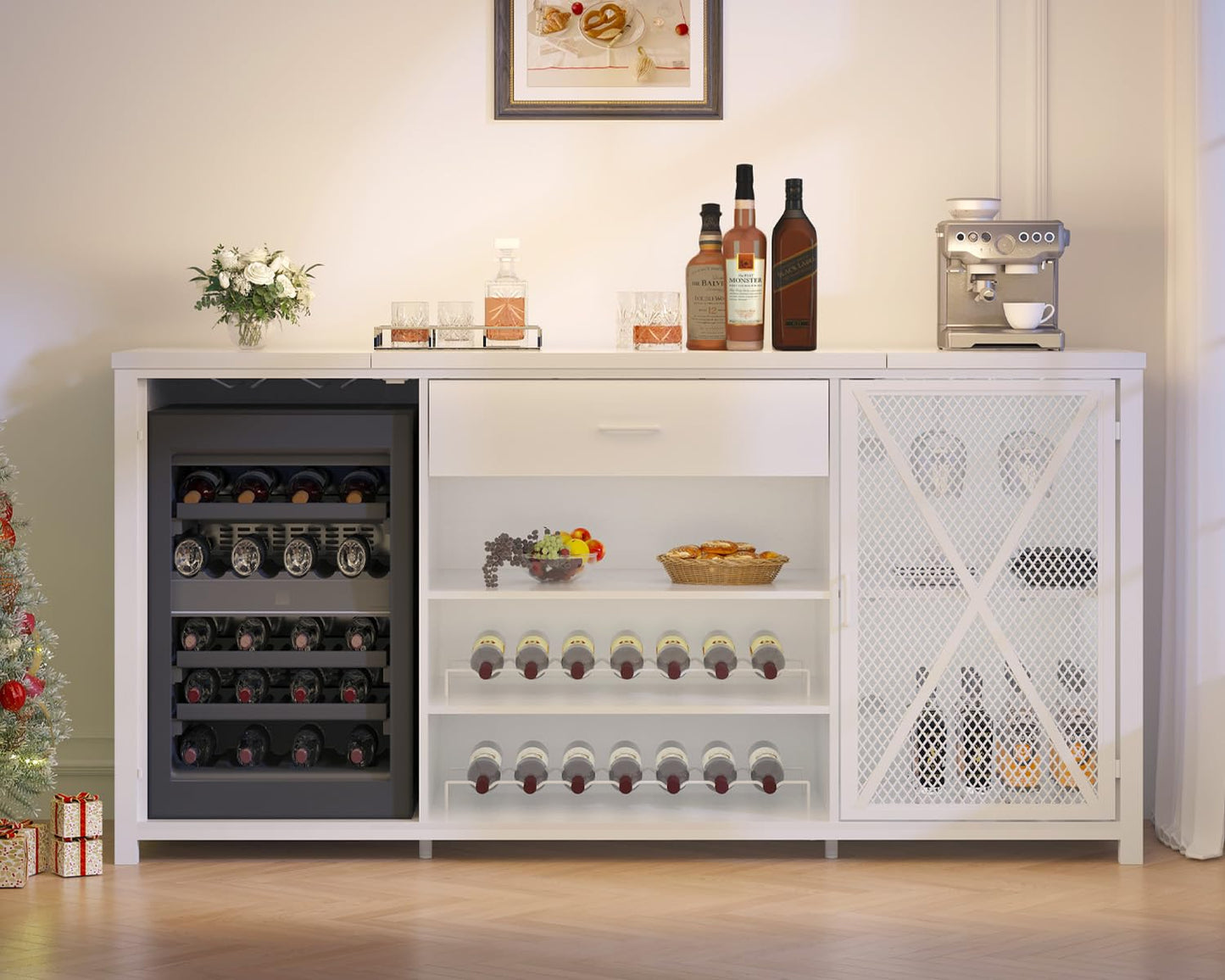 LVB Langer Barschrank mit Platz für den Kühlschrank, großer Spirituosenschrank im Landhausstil mit Schubladen, großer Weinschrank aus rustikalem Holz und Metall mit Regal, modernes Sideboard-Buffet für Küche und Esszimmer, grau, 70 Zoll